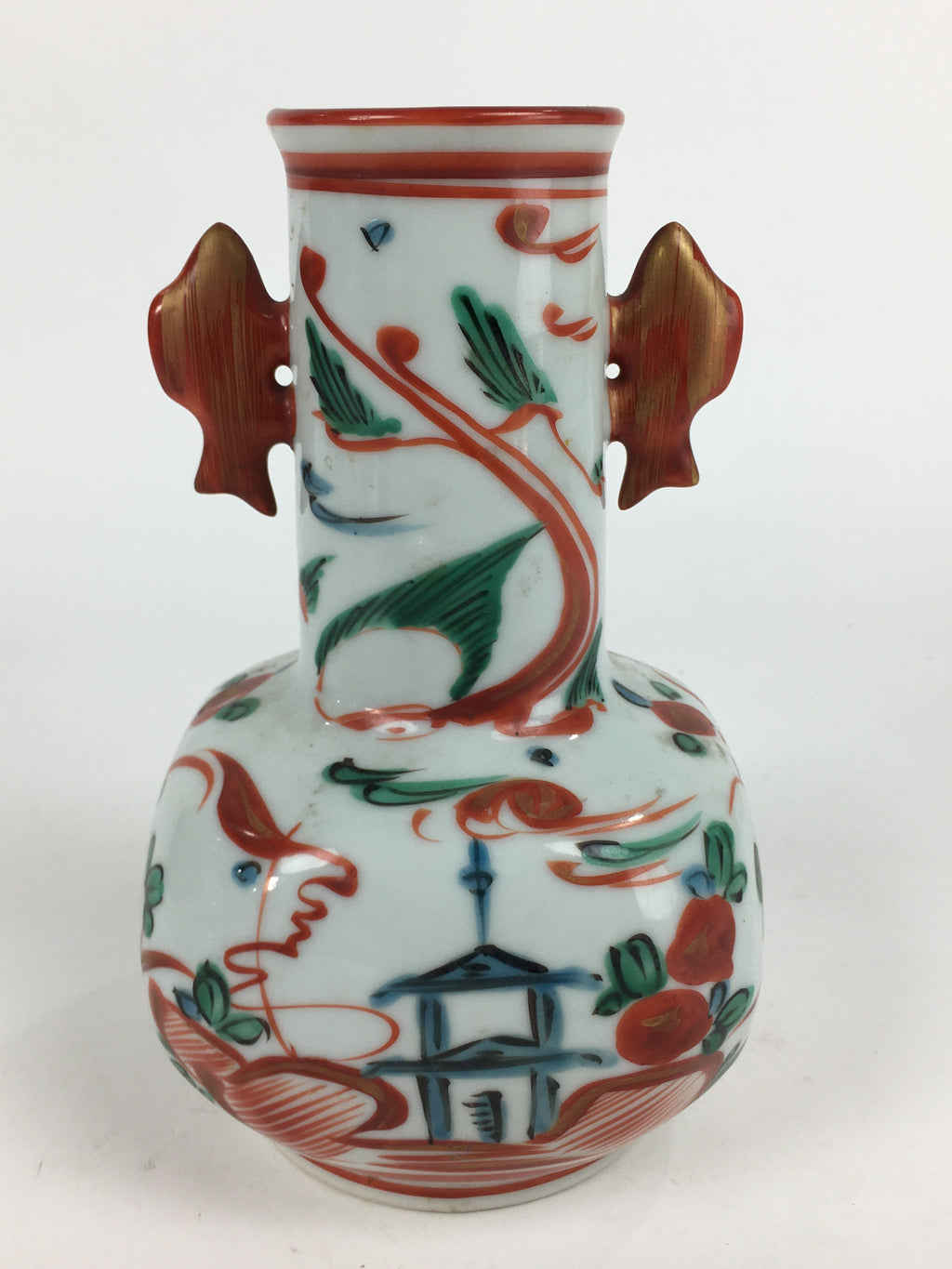 Japanese Porcelain Flower Vase Mino ware Vtg Akae Kabin Ikebana Arrangement FV94