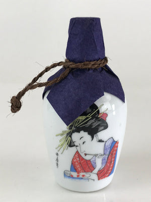 Japanese Porcelain Geisha Sake Bottle Vtg Pottery Ukiyo-e Tokkuri White TS467