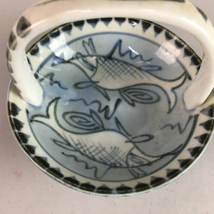 Japanese Porcelain Handled Small Bowl Vtg Fish Design Tachikichi Sometsuke PT585