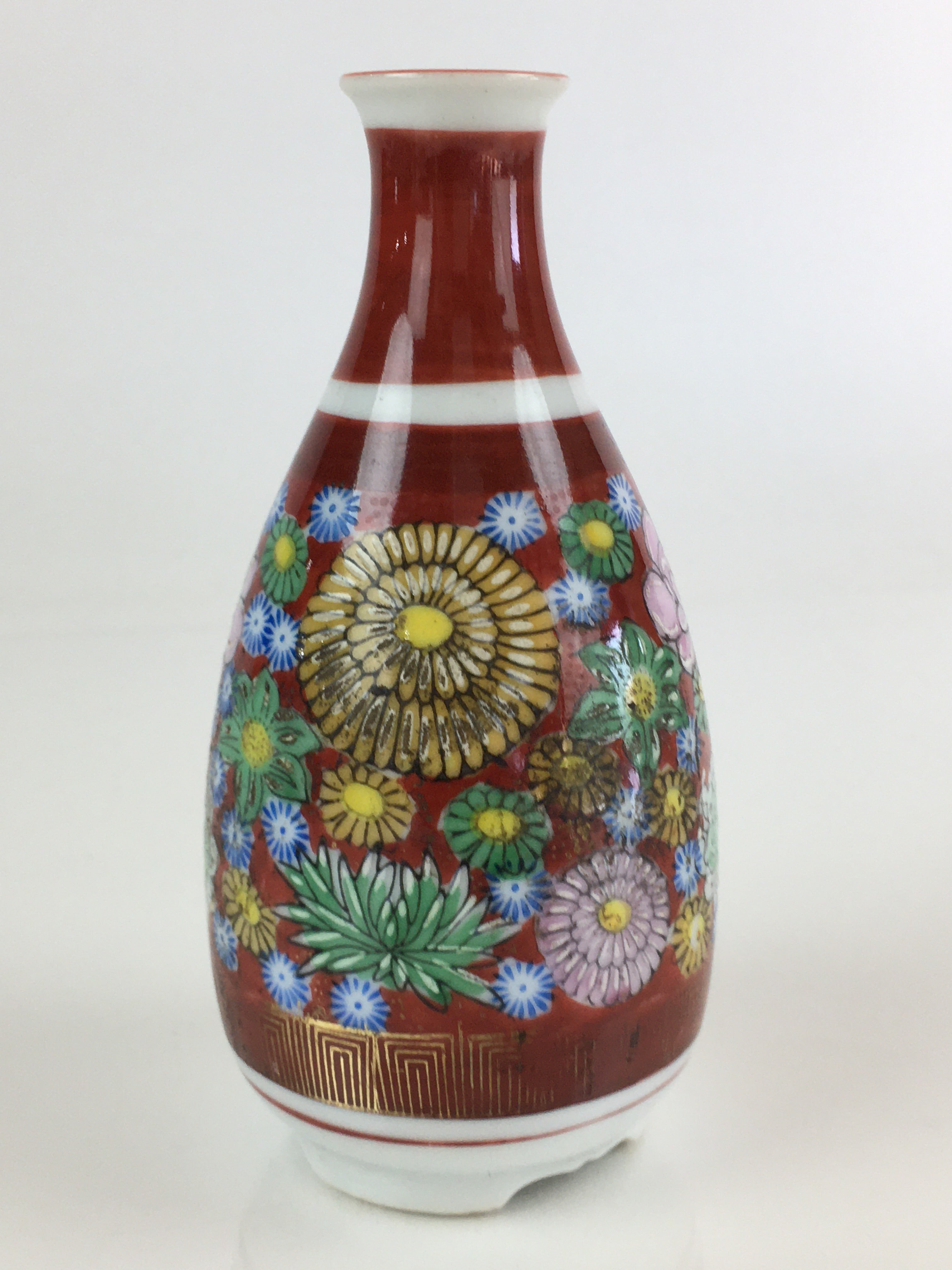 Japanese Porcelain Kutani Ware Sake Bottle Vtg Tokkuri Flower Red TS441
