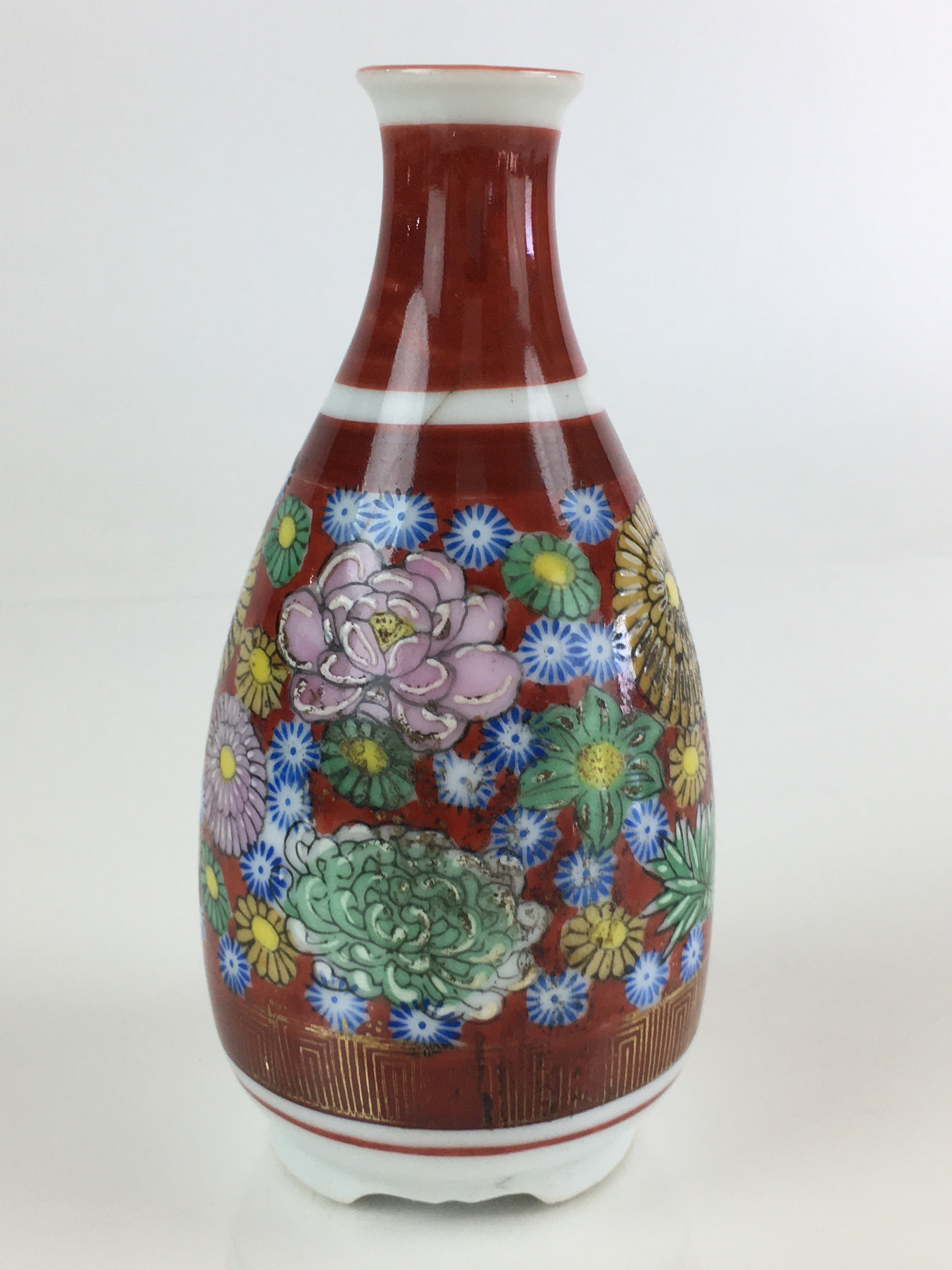 Japanese Porcelain Kutani Ware Sake Bottle Vtg Tokkuri Flower Red TS441