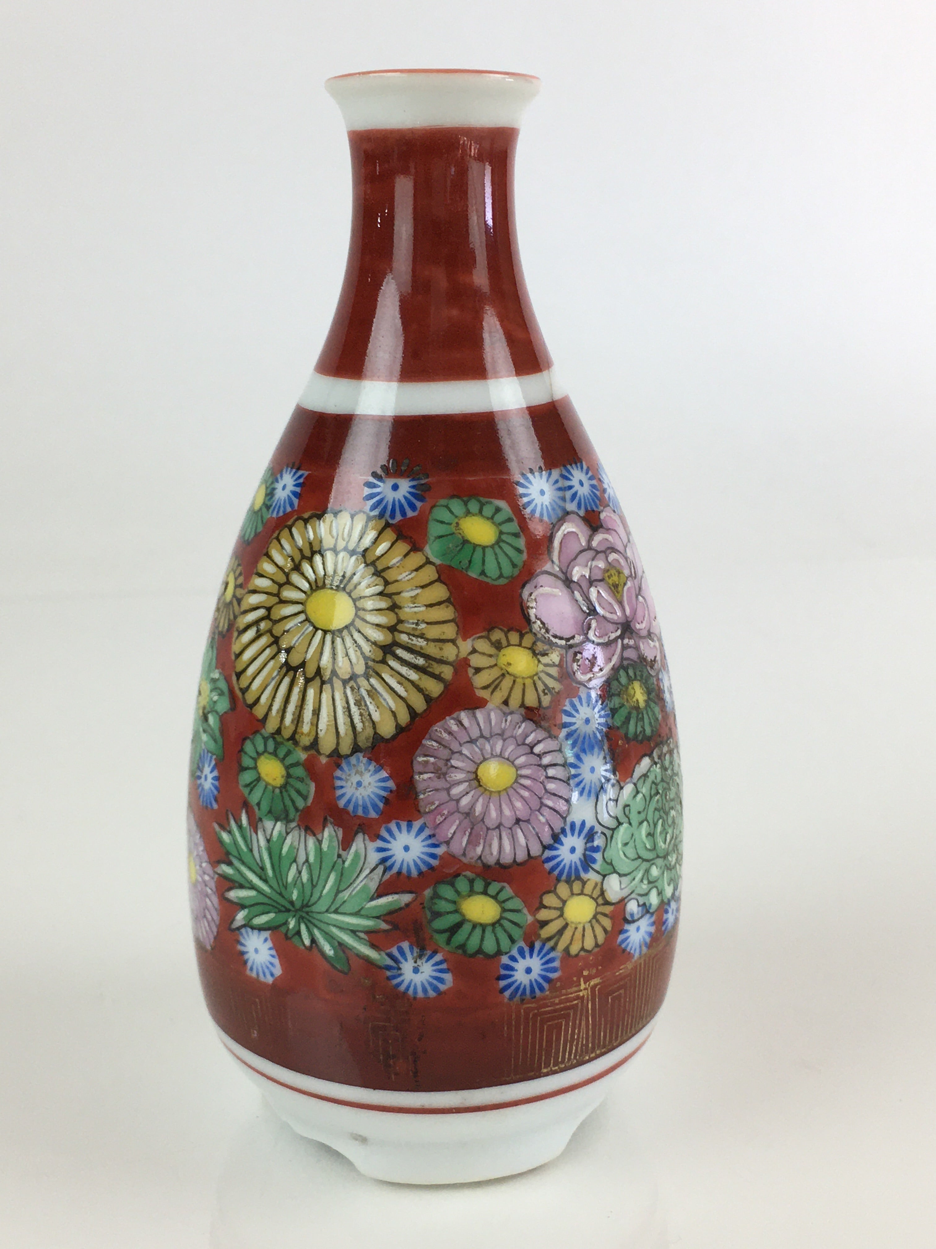 Japanese Porcelain Kutani Ware Sake Bottle Vtg Tokkuri Flower Red TS441