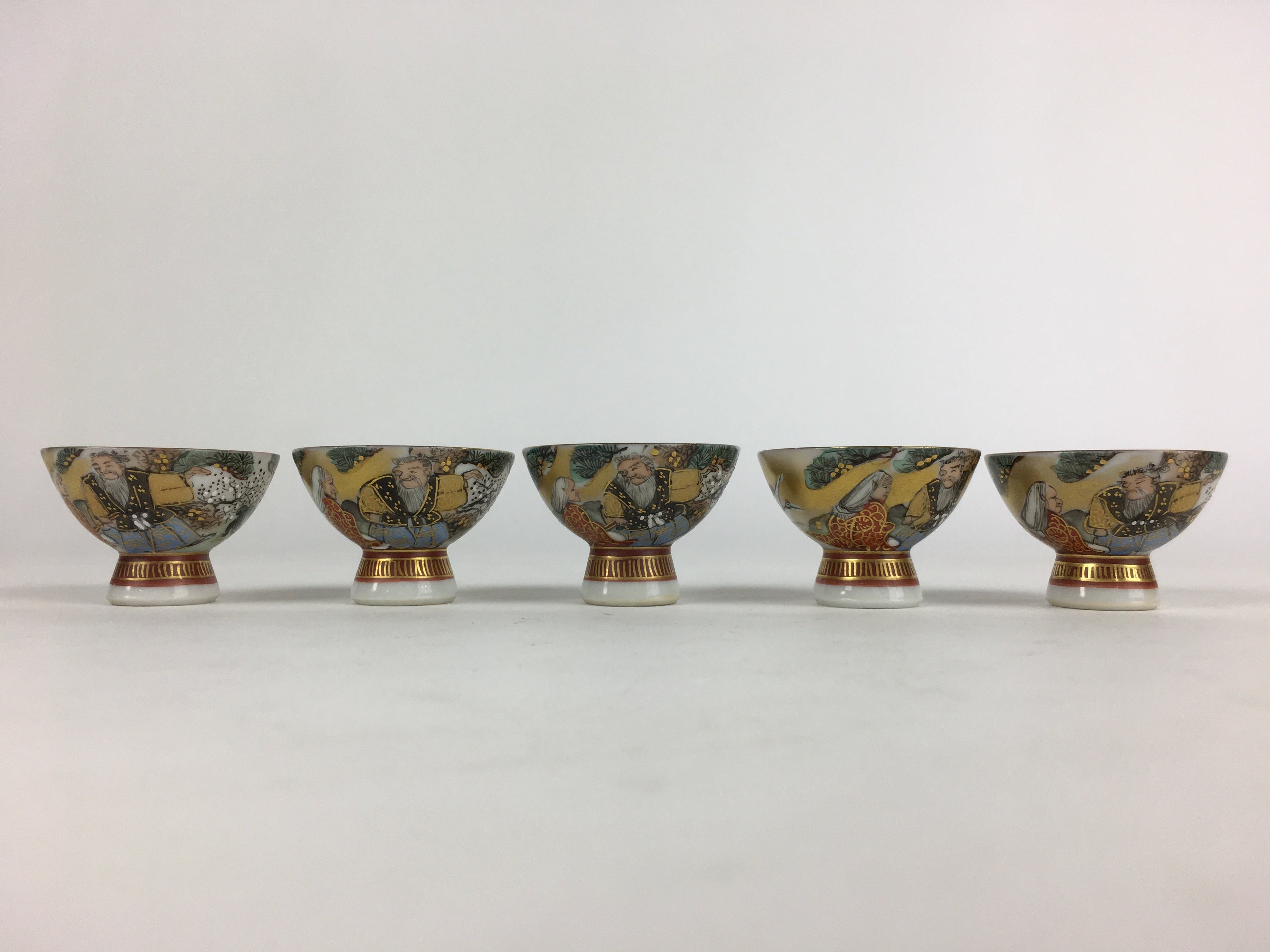 Japanese Porcelain Kutani Ware Sake Cup 5pc Large Bowl Set Vtg Sakezuki PP931