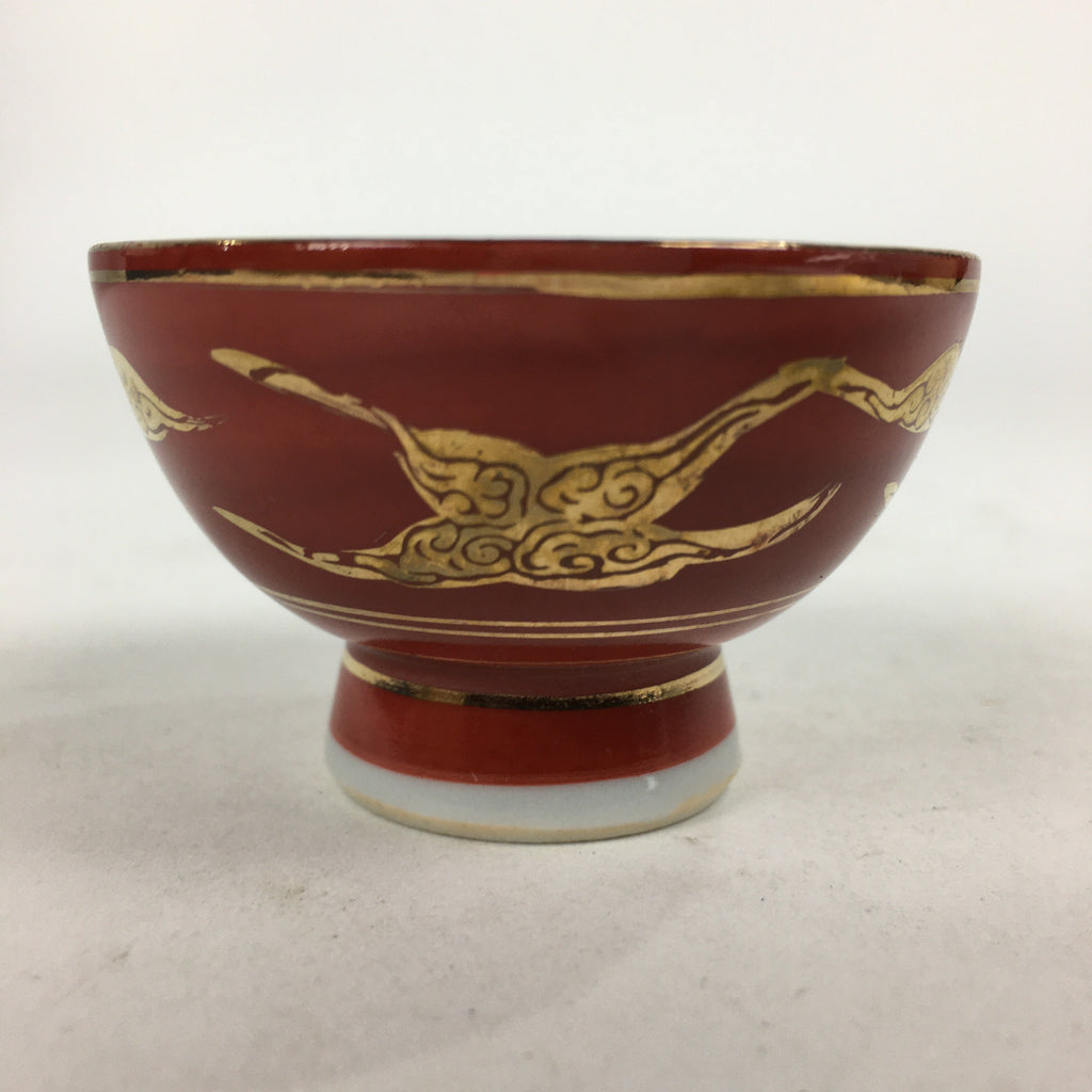 Japanese Porcelain Kutani Ware Sake Cup Vtg Guinomi Ochoko Red Gold Crane GU997