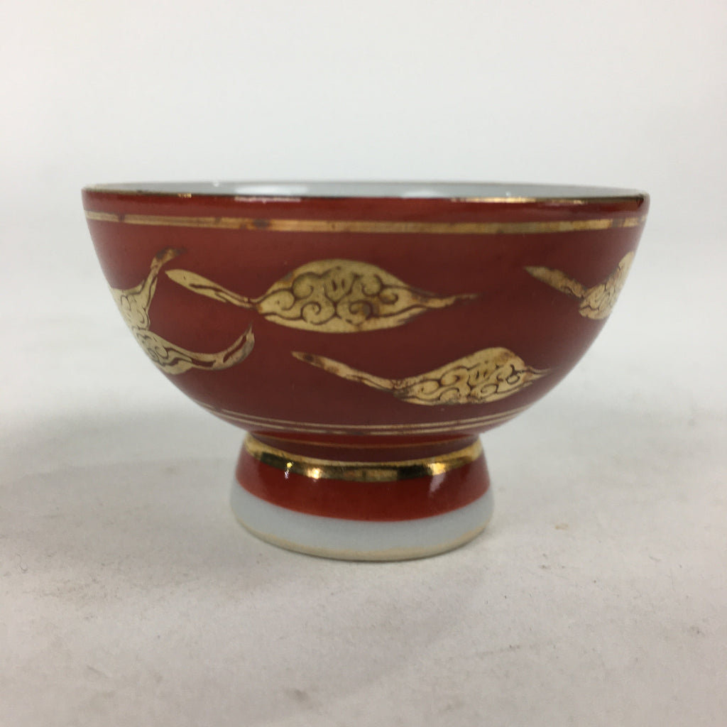 Japanese Porcelain Kutani Ware Sake Cup Vtg Guinomi Ochoko Red Gold Crane GU999