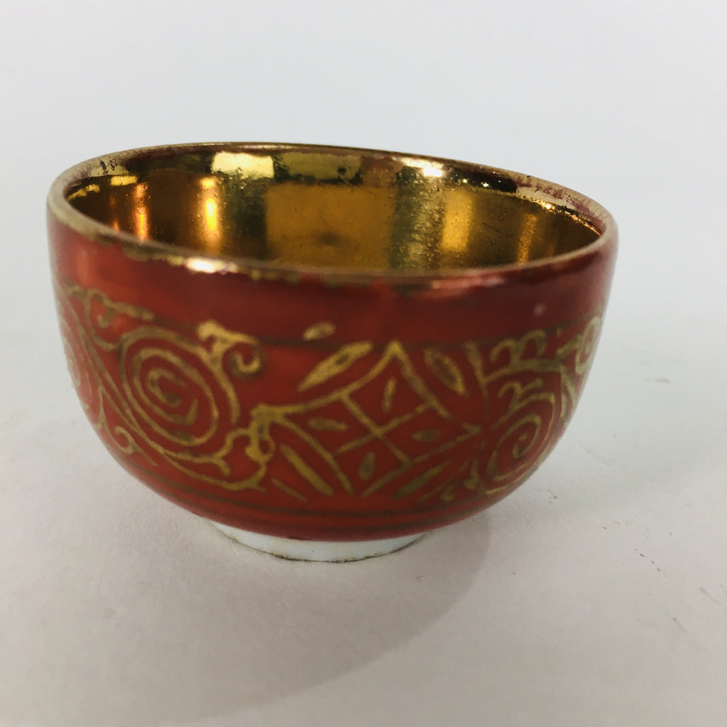 Japanese Porcelain Kutani Ware Sake Cup Vtg Guinomi Ochoko Red Gold GU928