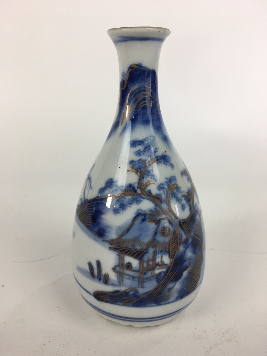 Japanese Porcelain Kutani ware Sake Bottle Tokkuri Vtg Gold Mountain Design TS30