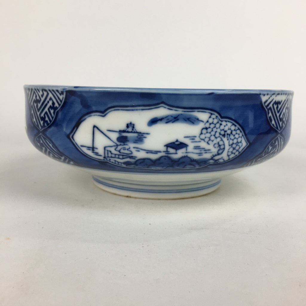 Japanese Porcelain Large Bowl Vtg Blue White Sometsuke Bird Countryside PP551