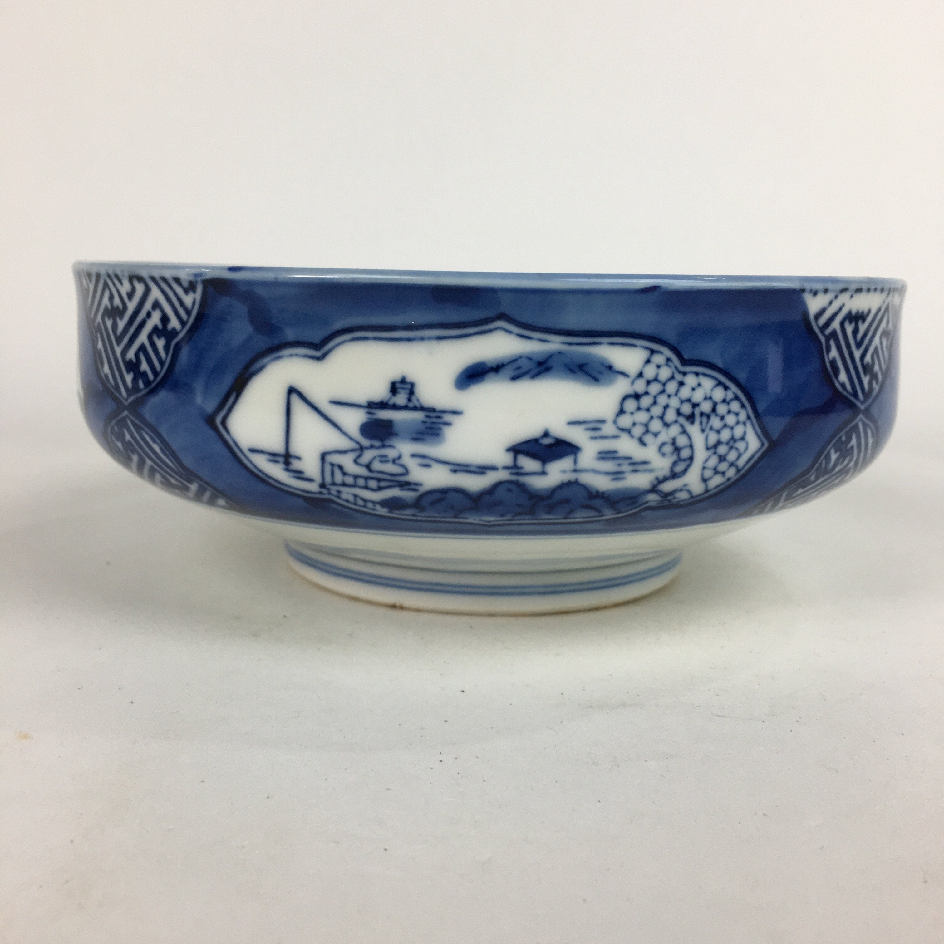 Japanese Porcelain Large Bowl Vtg Blue White Sometsuke Bird Countryside PP551