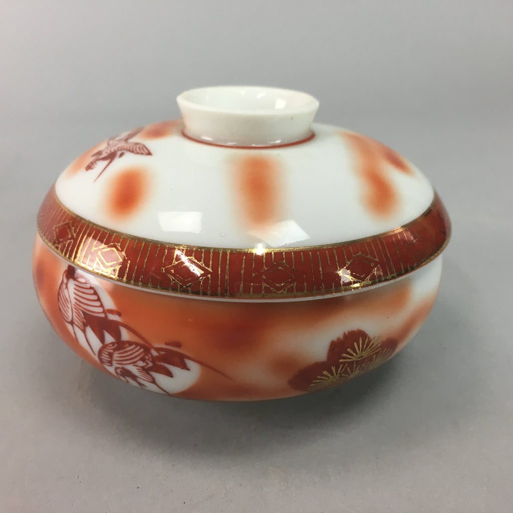 Japanese Porcelain Lidded Bowl Vtg Kobachi Red Crane Plum Blossom Floral PT245