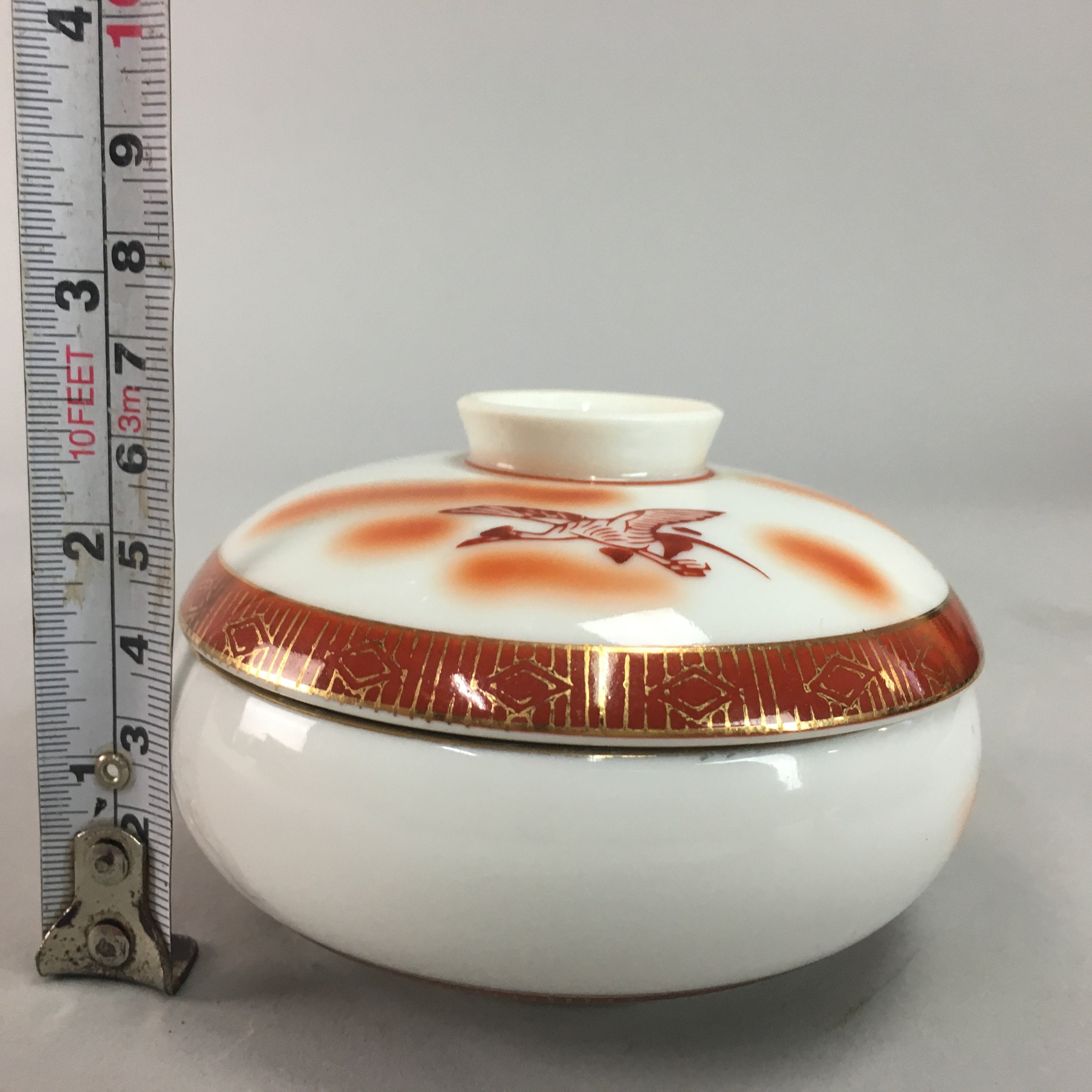 Japanese Porcelain Lidded Bowl Vtg Kobachi Red Crane Plum Blossom Floral PT245