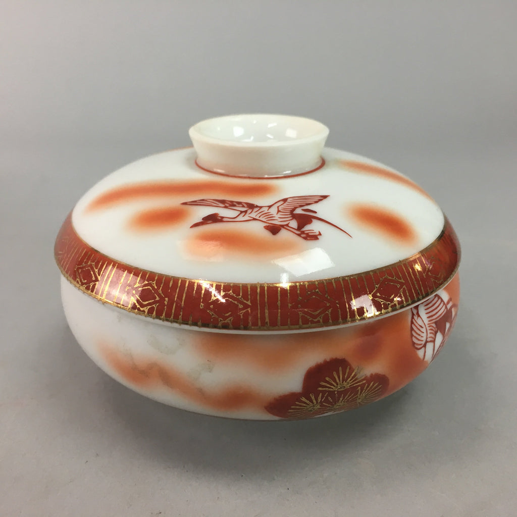 Japanese Porcelain Lidded Bowl Vtg Kobachi Red Crane Plum Blossom Floral PT245