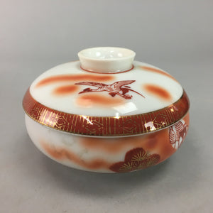 Japanese Porcelain Lidded Bowl Vtg Kobachi Red Crane Plum Blossom Floral PT245