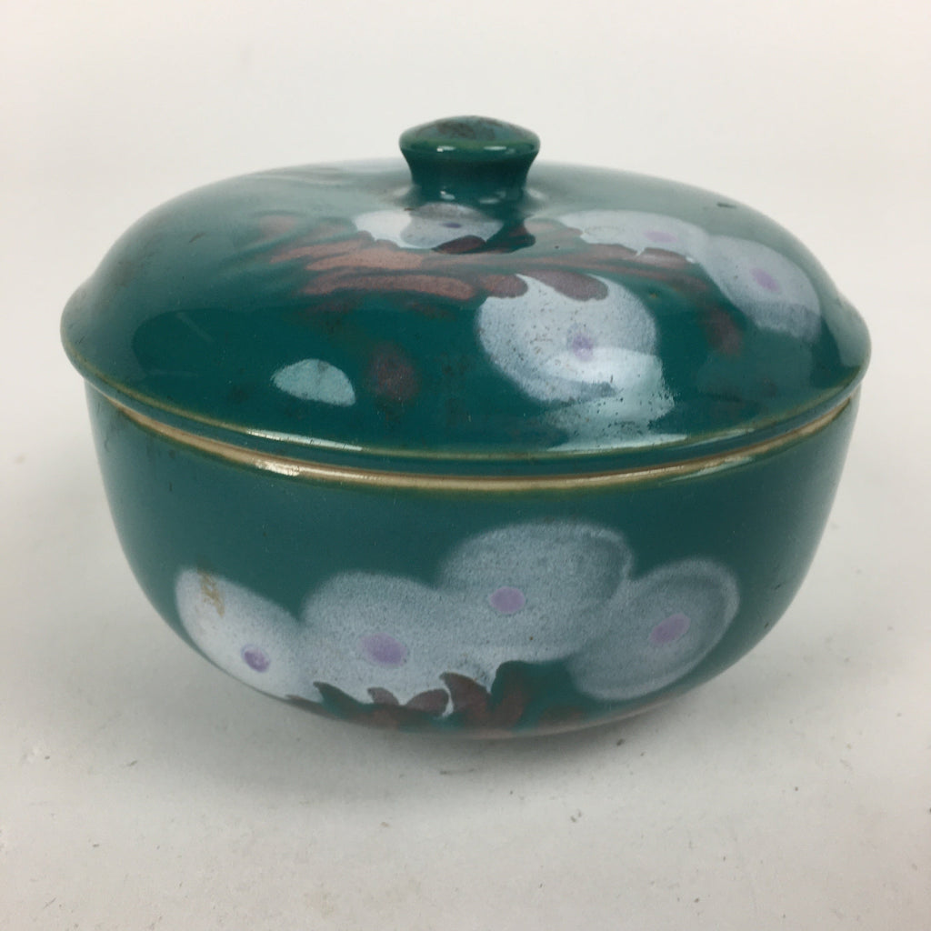Japanese Porcelain Lidded Pot Vtg Green Color Bowl White Flower PP880