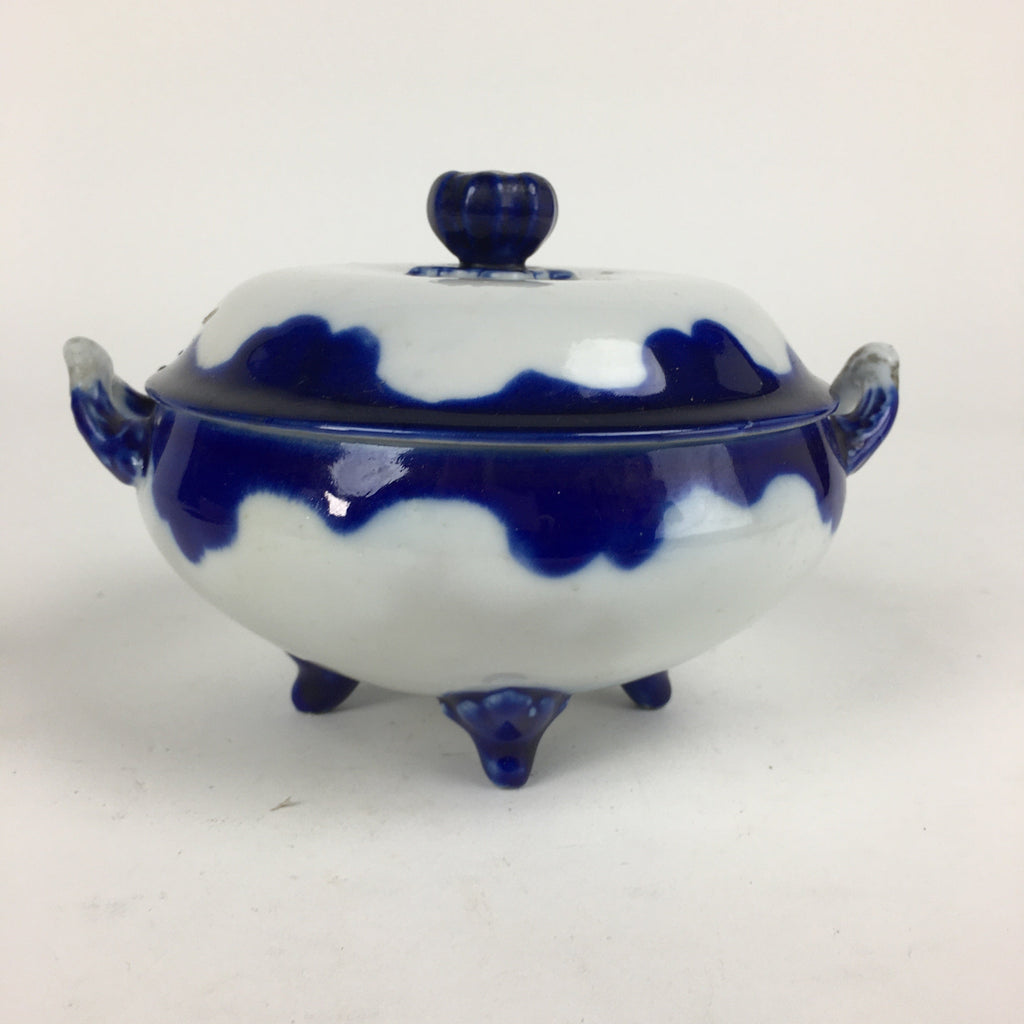 Japanese Porcelain Lidded Pot Vtg White Blue Two Handle Four Legs PP879
