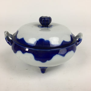 Japanese Porcelain Lidded Pot Vtg White Blue Two Handle Four Legs PP879