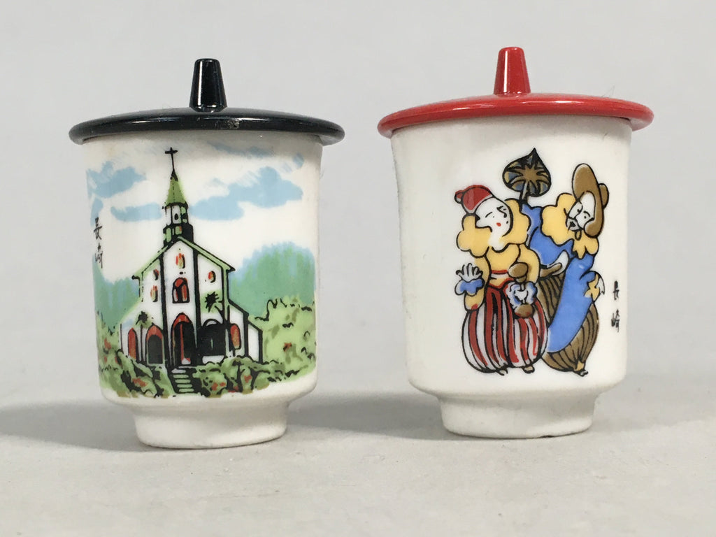 Japanese Porcelain Lidded Sake Cup 2pc Nagasaki Oura Church Christian PP412