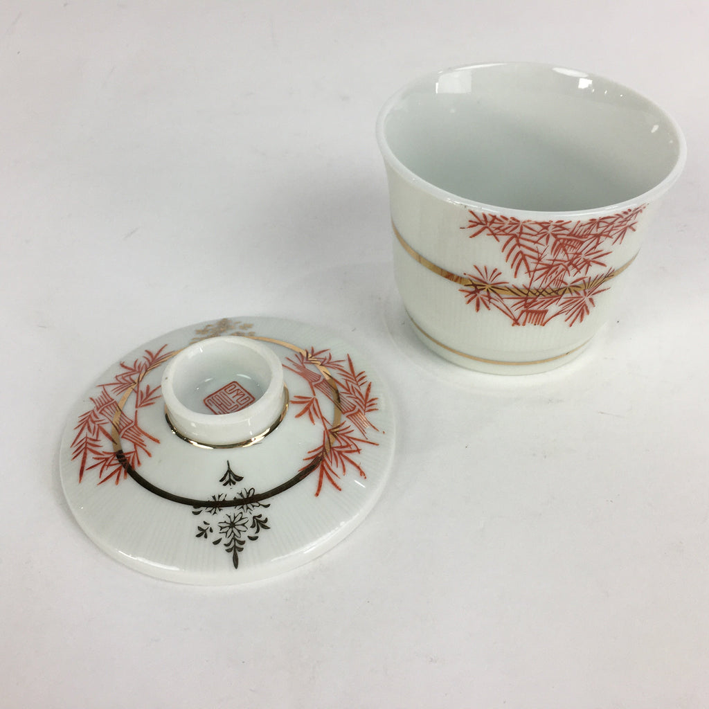 Japanese Porcelain Lidded Soup Bowl Cup Vtg Chawanmushi Red Bamboo PP525