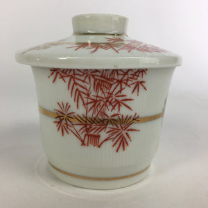 Japanese Porcelain Lidded Soup Bowl Cup Vtg Chawanmushi Red Bamboo PP525