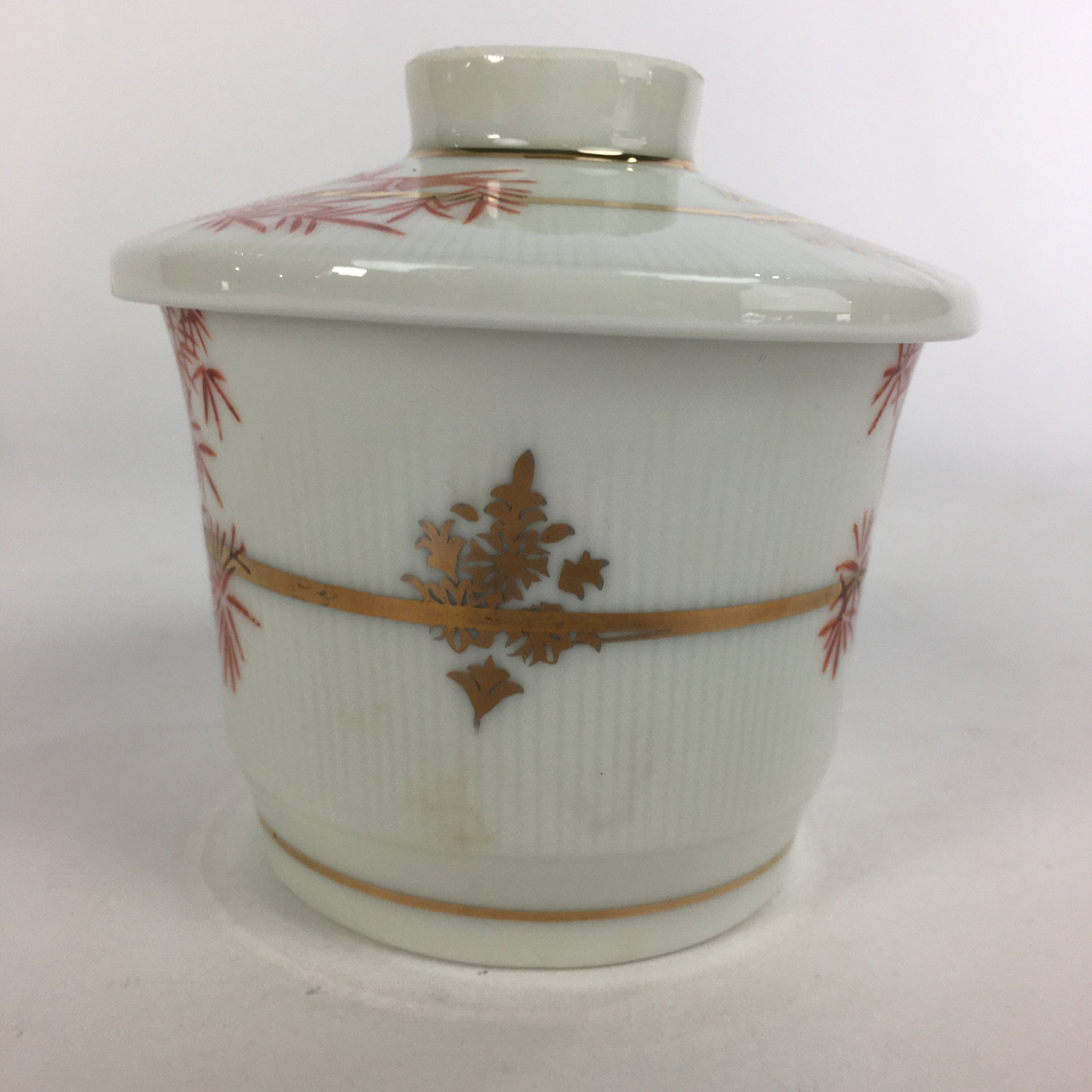 Japanese Porcelain Lidded Soup Bowl Cup Vtg Chawanmushi Red Bamboo PP525