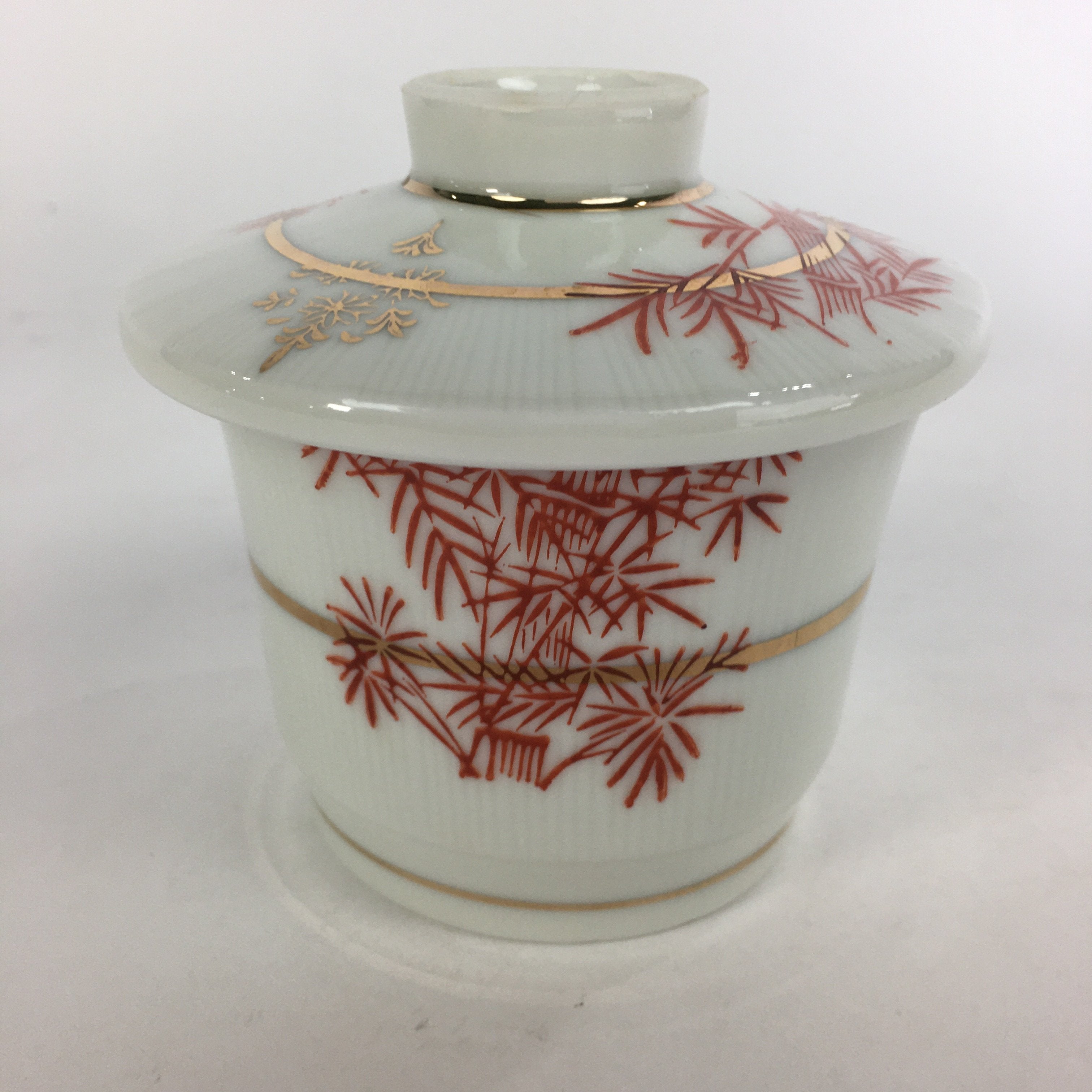 Japanese Porcelain Lidded Soup Bowl Cup Vtg Chawanmushi Red Bamboo PP525