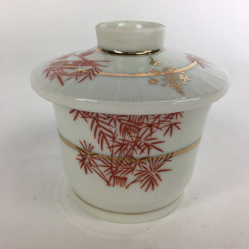 Japanese Porcelain Lidded Soup Bowl Cup Vtg Chawanmushi Red Bamboo PP526