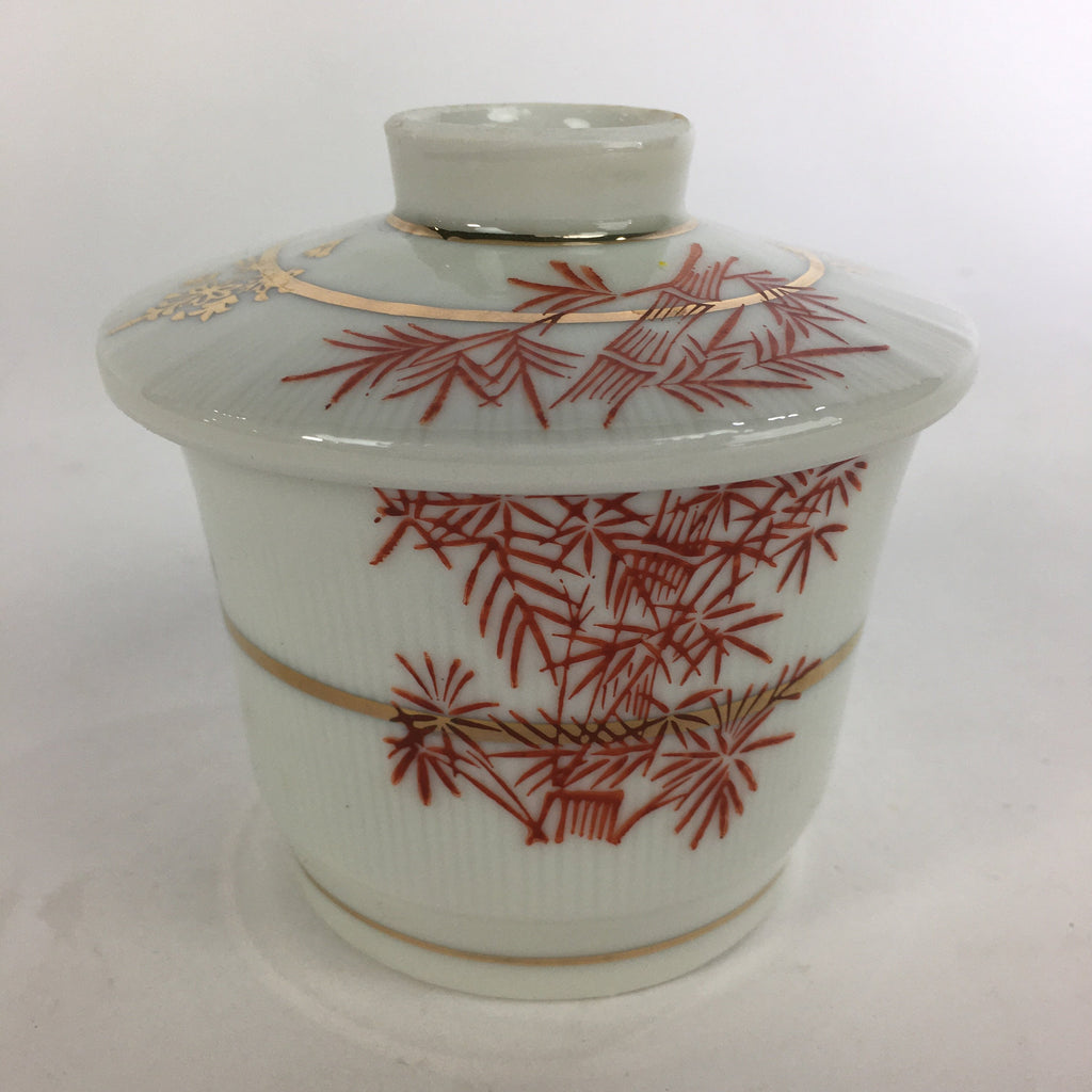 Japanese Porcelain Lidded Soup Bowl Cup Vtg Chawanmushi Red Bamboo PP527