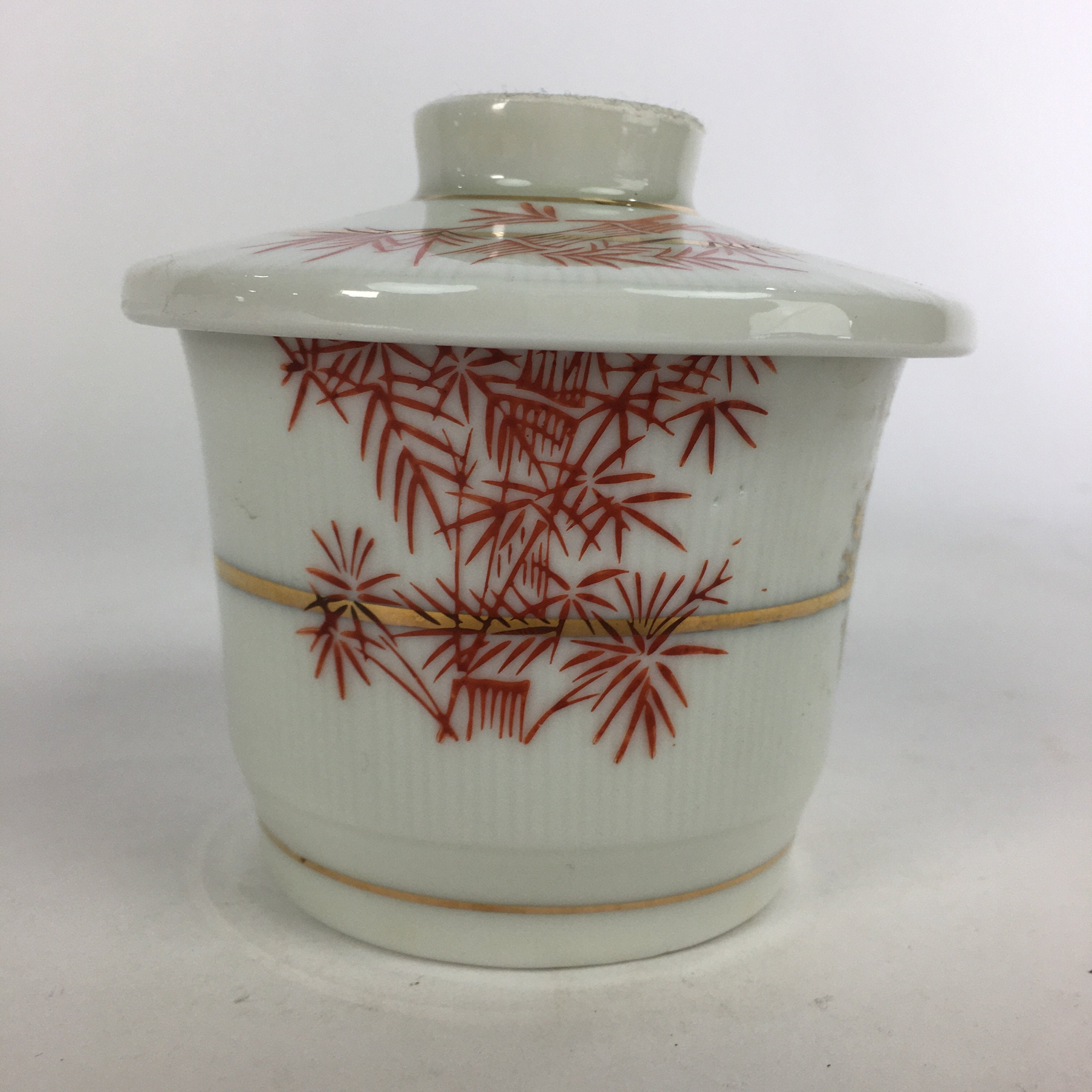 Japanese Porcelain Lidded Soup Bowl Cup Vtg Chawanmushi Red Bamboo PP528