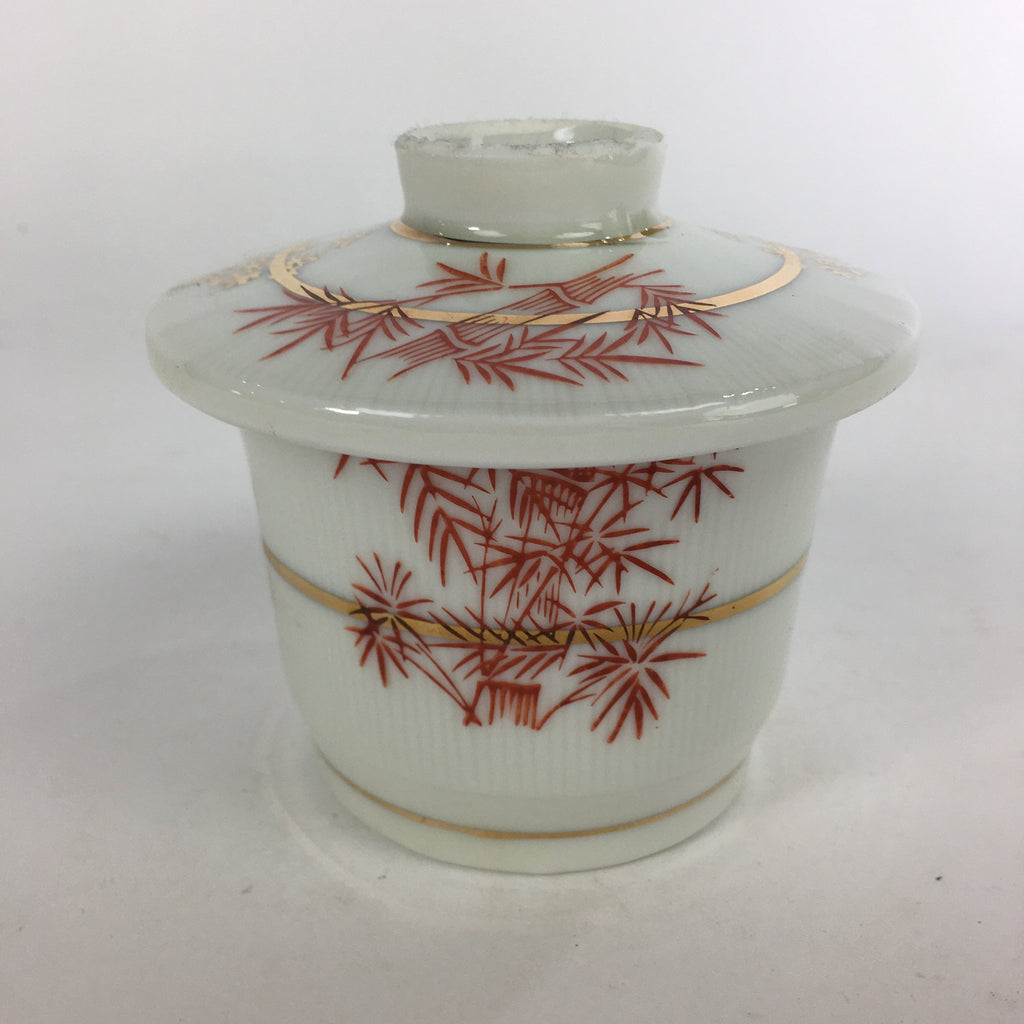 Japanese Porcelain Lidded Soup Bowl Cup Vtg Chawanmushi Red Bamboo PP528