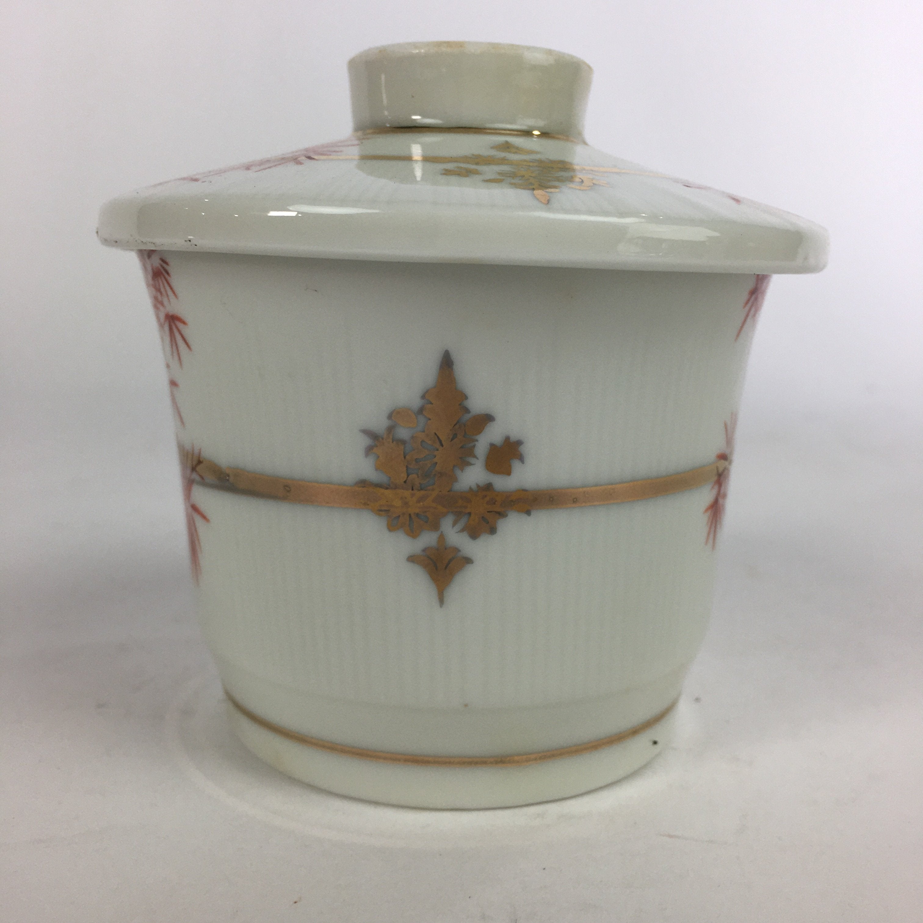 Japanese Porcelain Lidded Soup Bowl Cup Vtg Chawanmushi Red Bamboo PP530