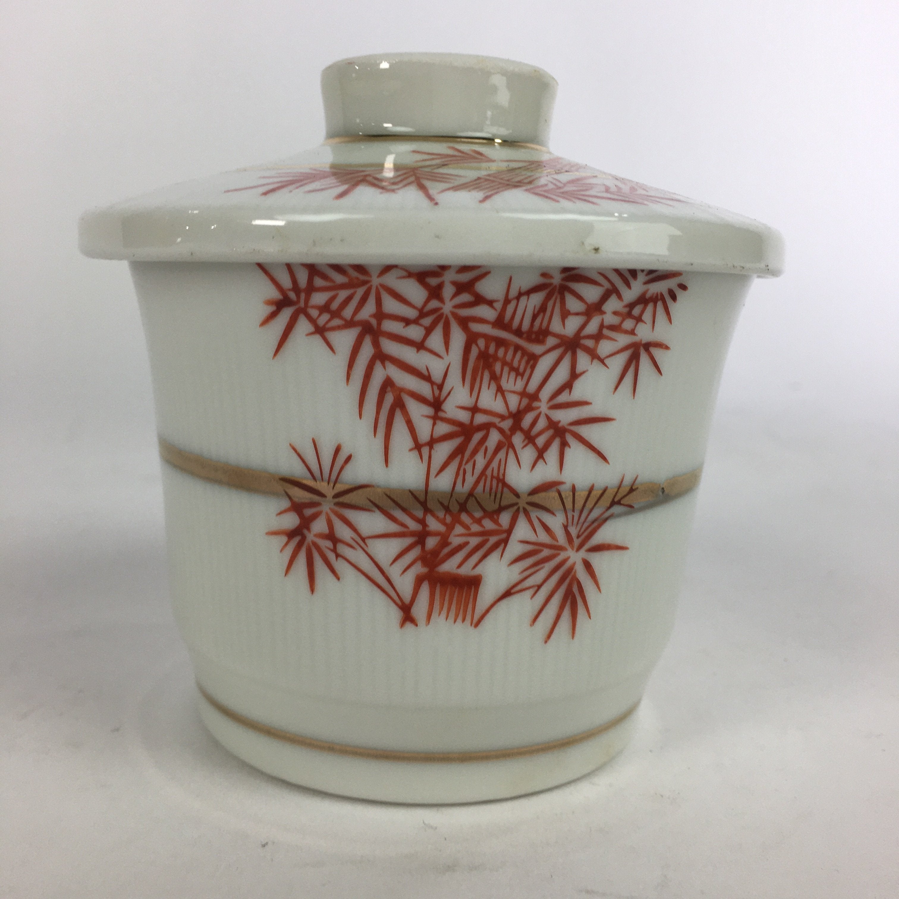Japanese Porcelain Lidded Soup Bowl Cup Vtg Chawanmushi Red Bamboo PP530