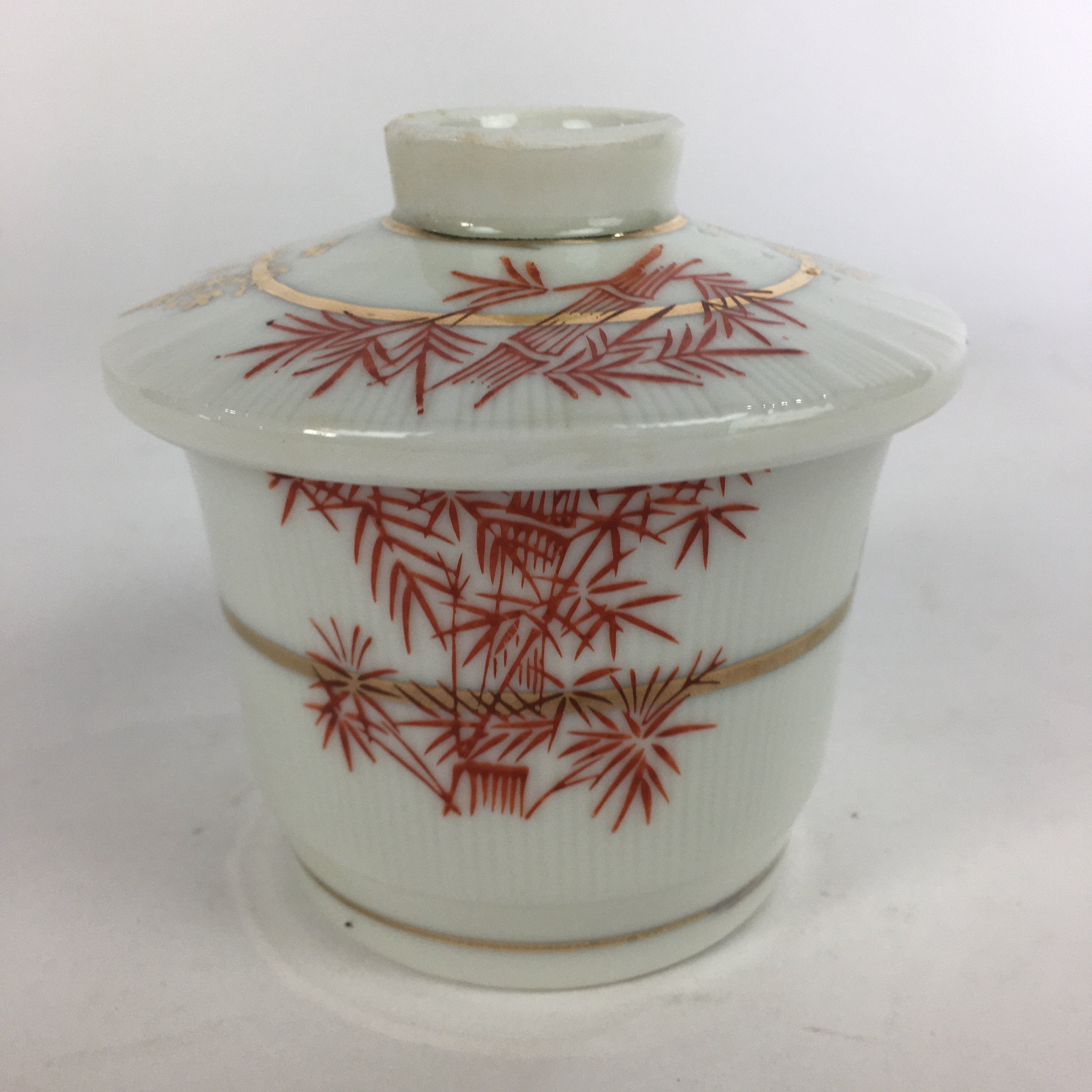 Japanese Porcelain Lidded Soup Bowl Cup Vtg Chawanmushi Red Bamboo PP530