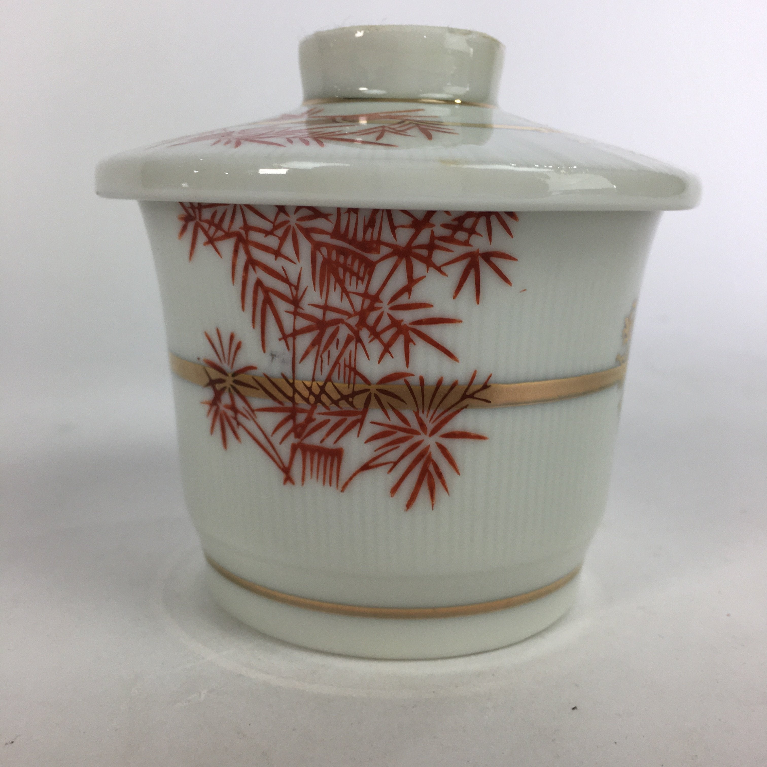 Japanese Porcelain Lidded Soup Bowl Cup Vtg Chawanmushi Red Bamboo PP531