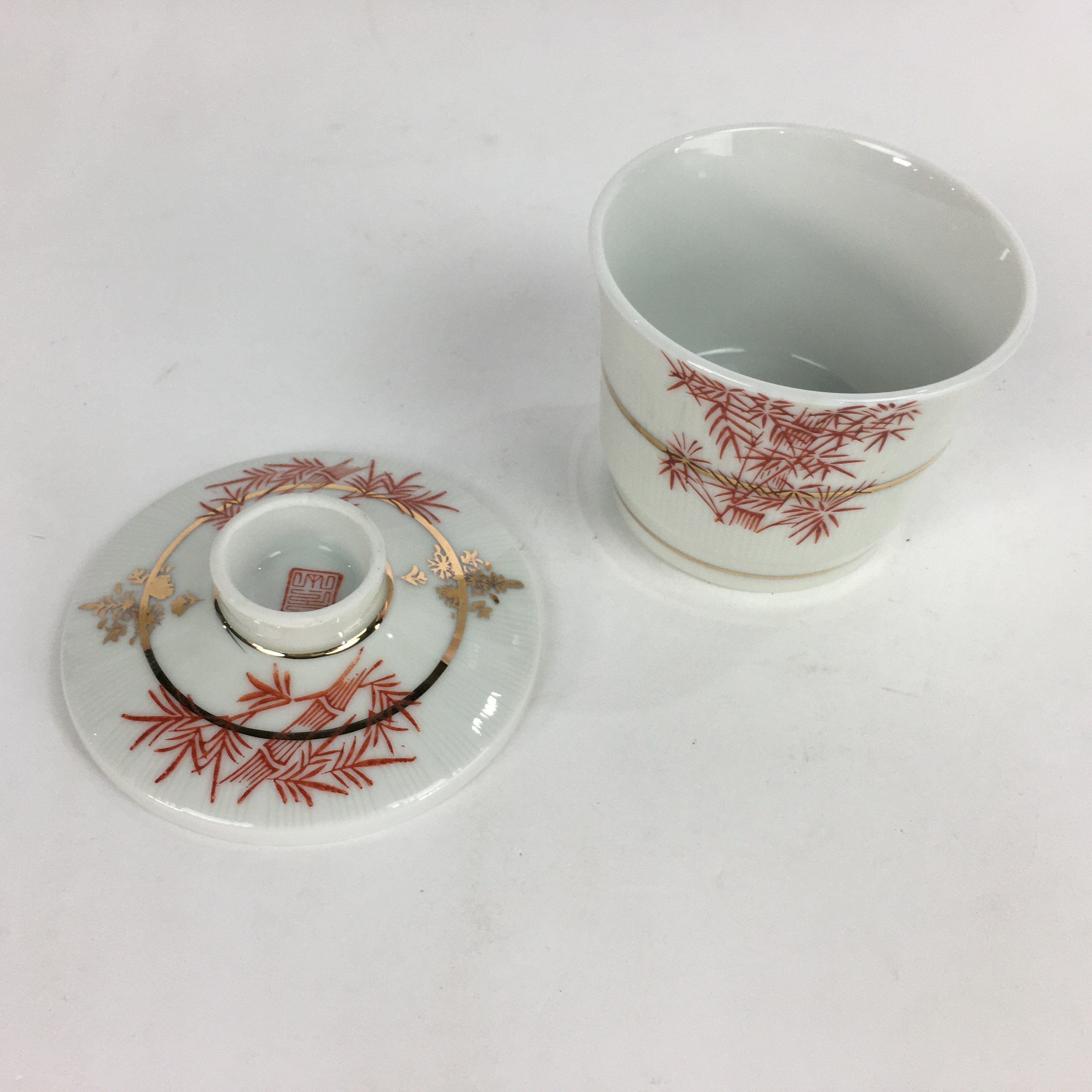 Japanese Porcelain Lidded Soup Bowl Cup Vtg Chawanmushi Red Bamboo PP532