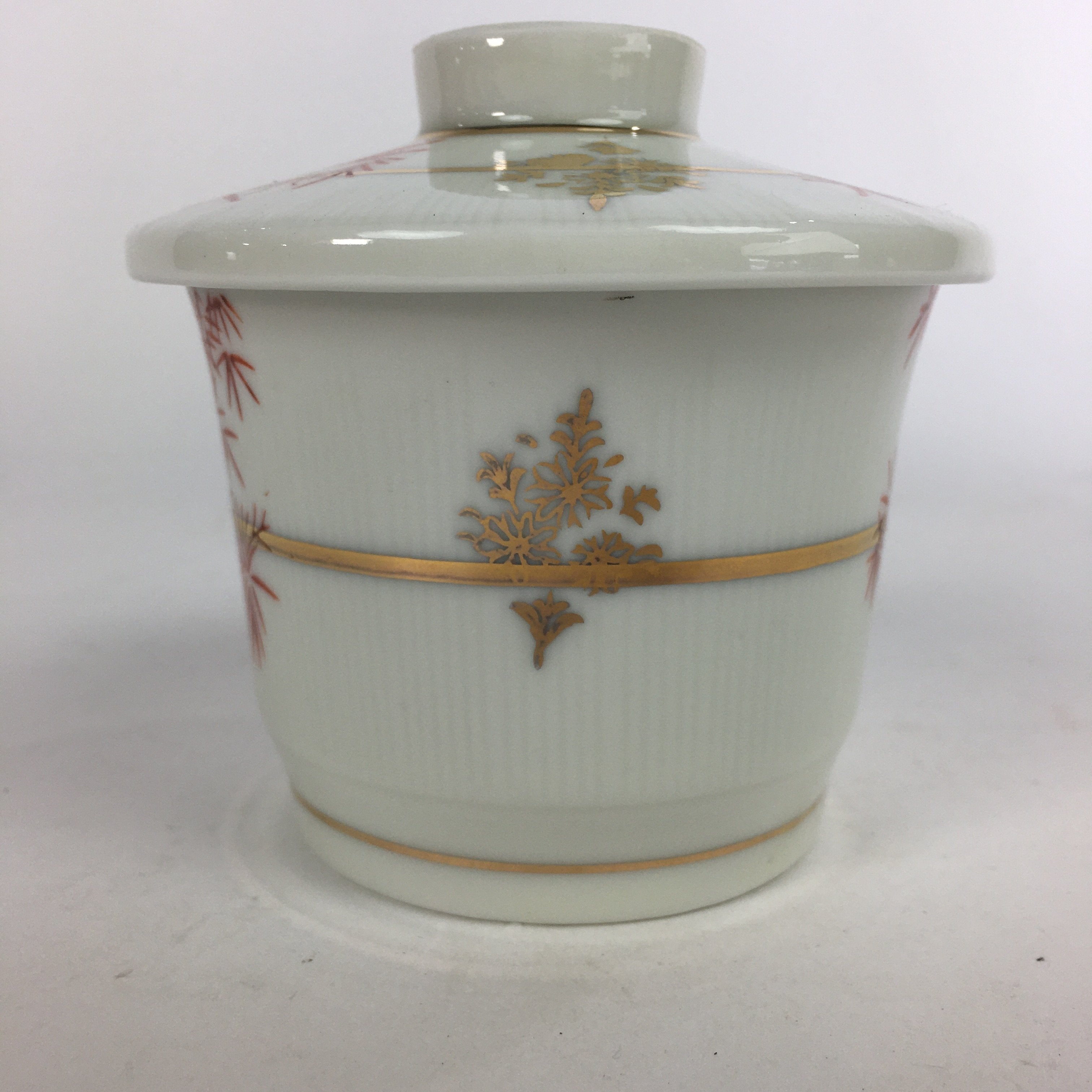 Japanese Porcelain Lidded Soup Bowl Cup Vtg Chawanmushi Red Bamboo PP532