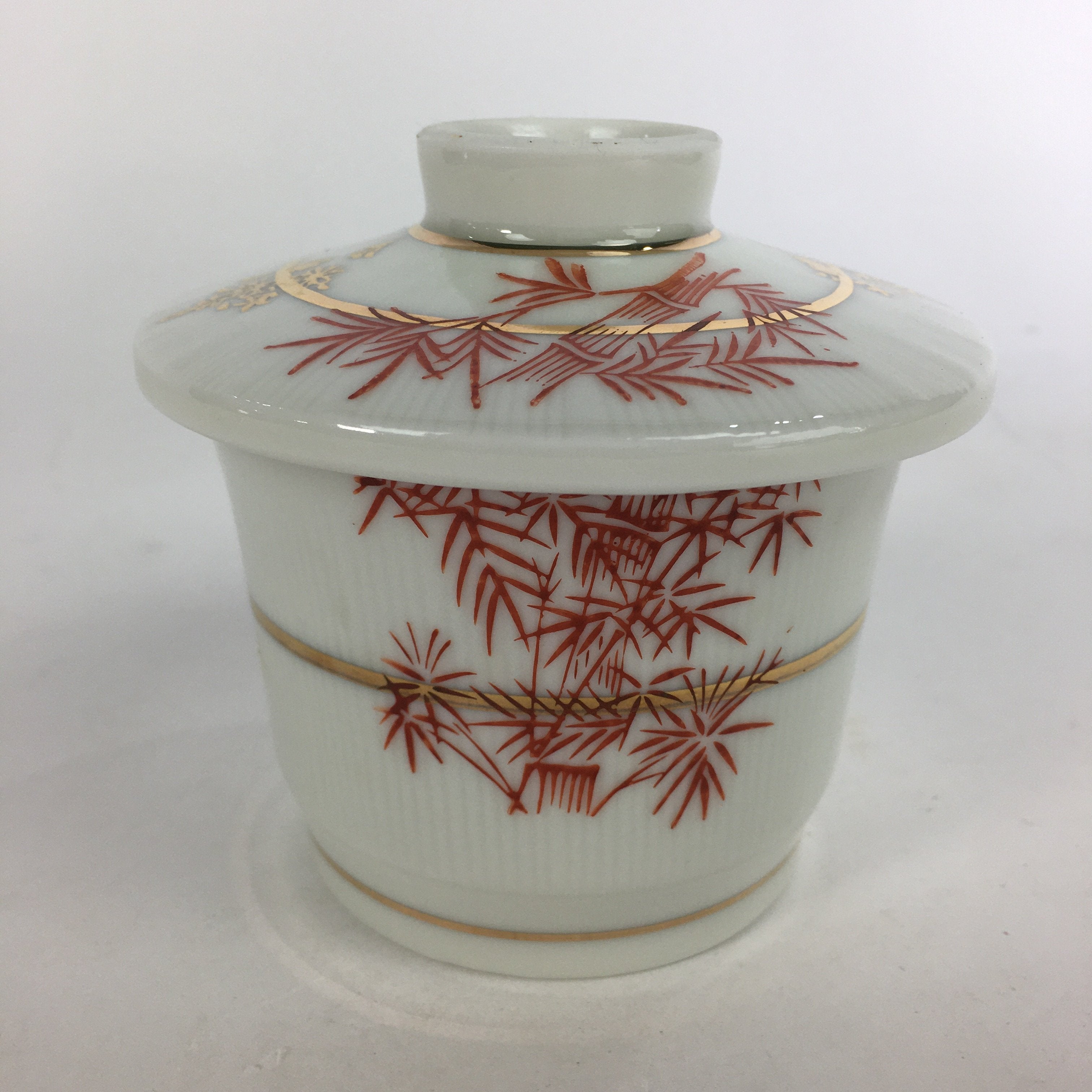 Japanese Porcelain Lidded Soup Bowl Cup Vtg Chawanmushi Red Bamboo PP532