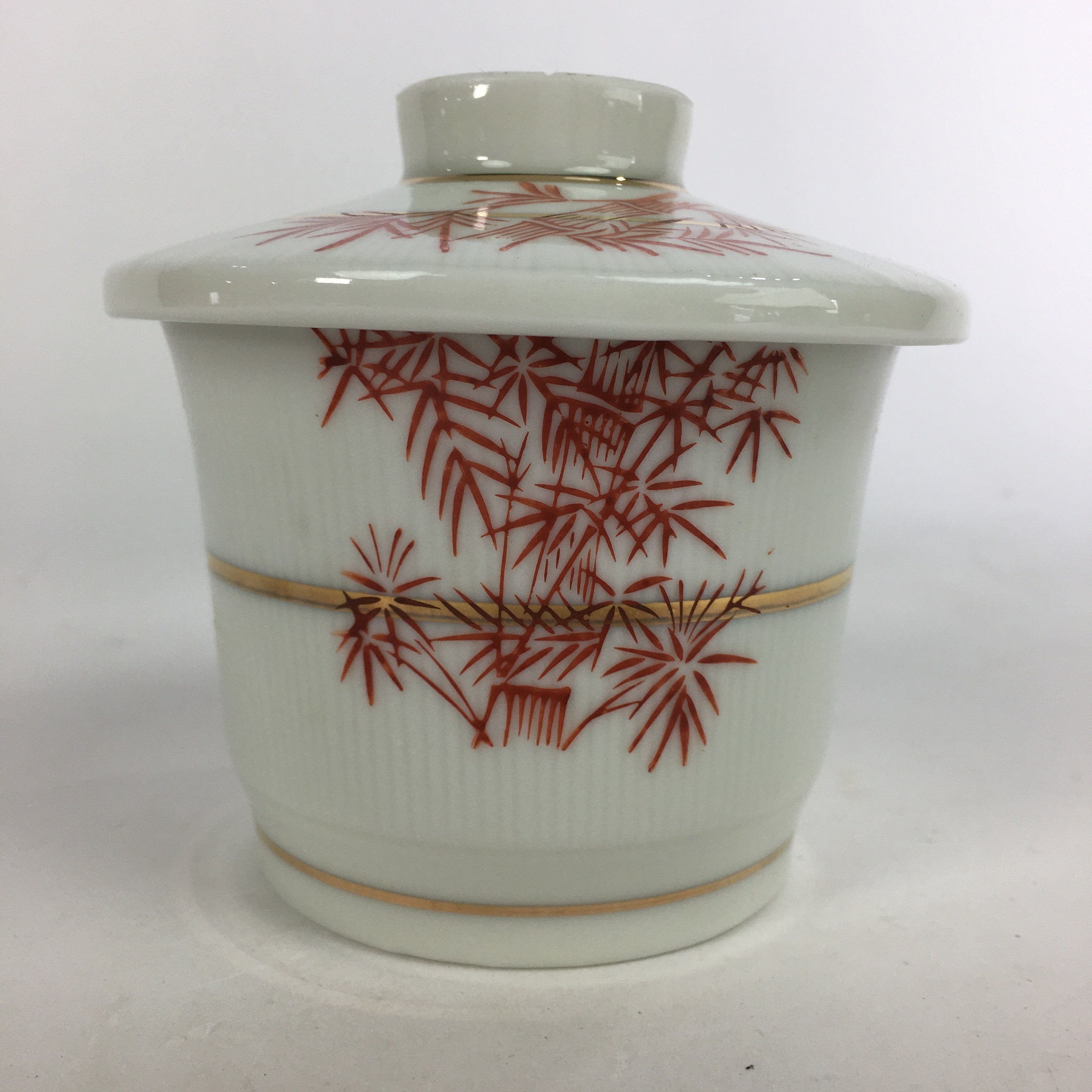 Japanese Porcelain Lidded Soup Bowl Cup Vtg Chawanmushi Red Bamboo PP533
