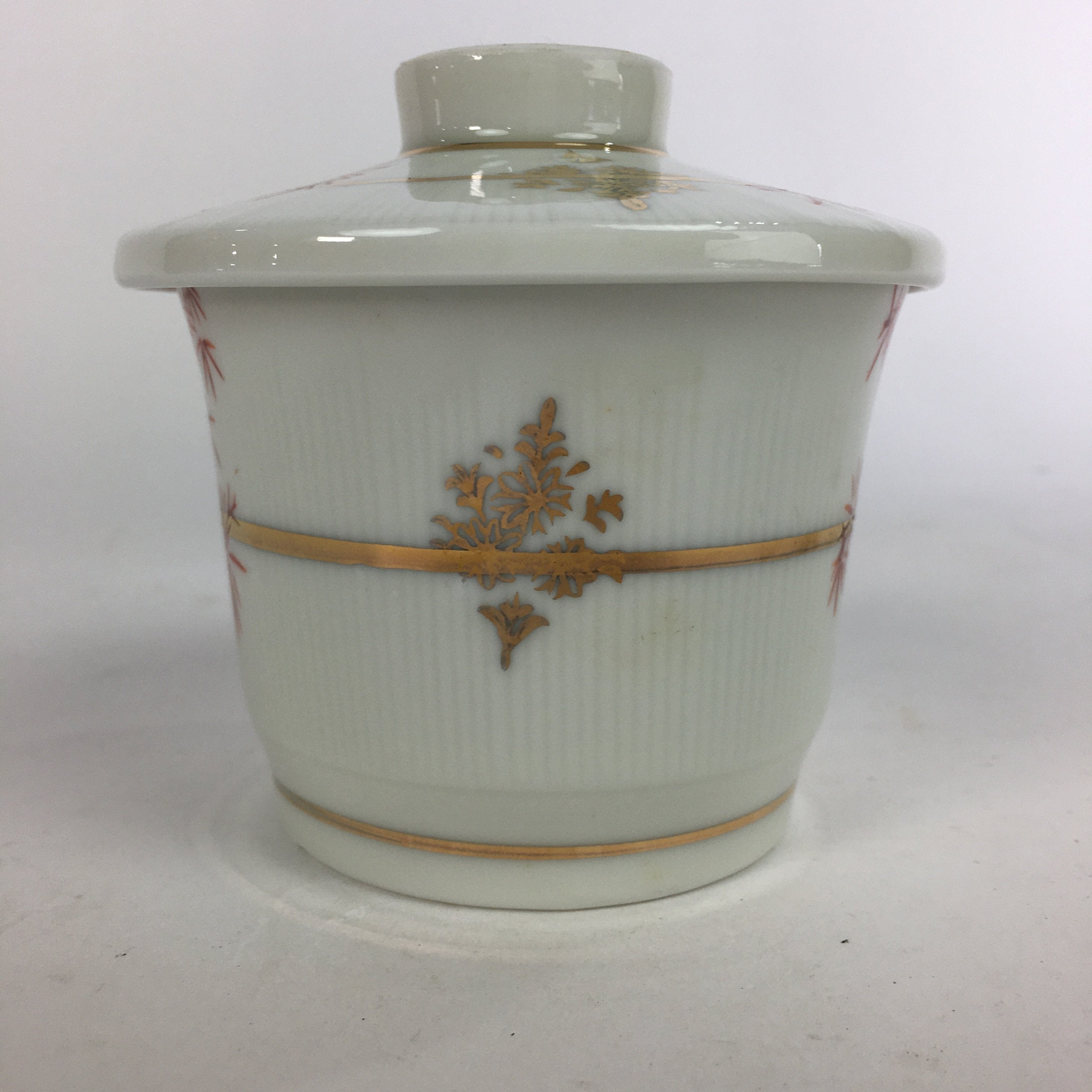 Japanese Porcelain Lidded Soup Bowl Cup Vtg Chawanmushi Red Bamboo PP533