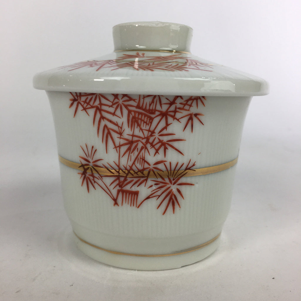 Japanese Porcelain Lidded Soup Bowl Cup Vtg Chawanmushi Red Bamboo PP533