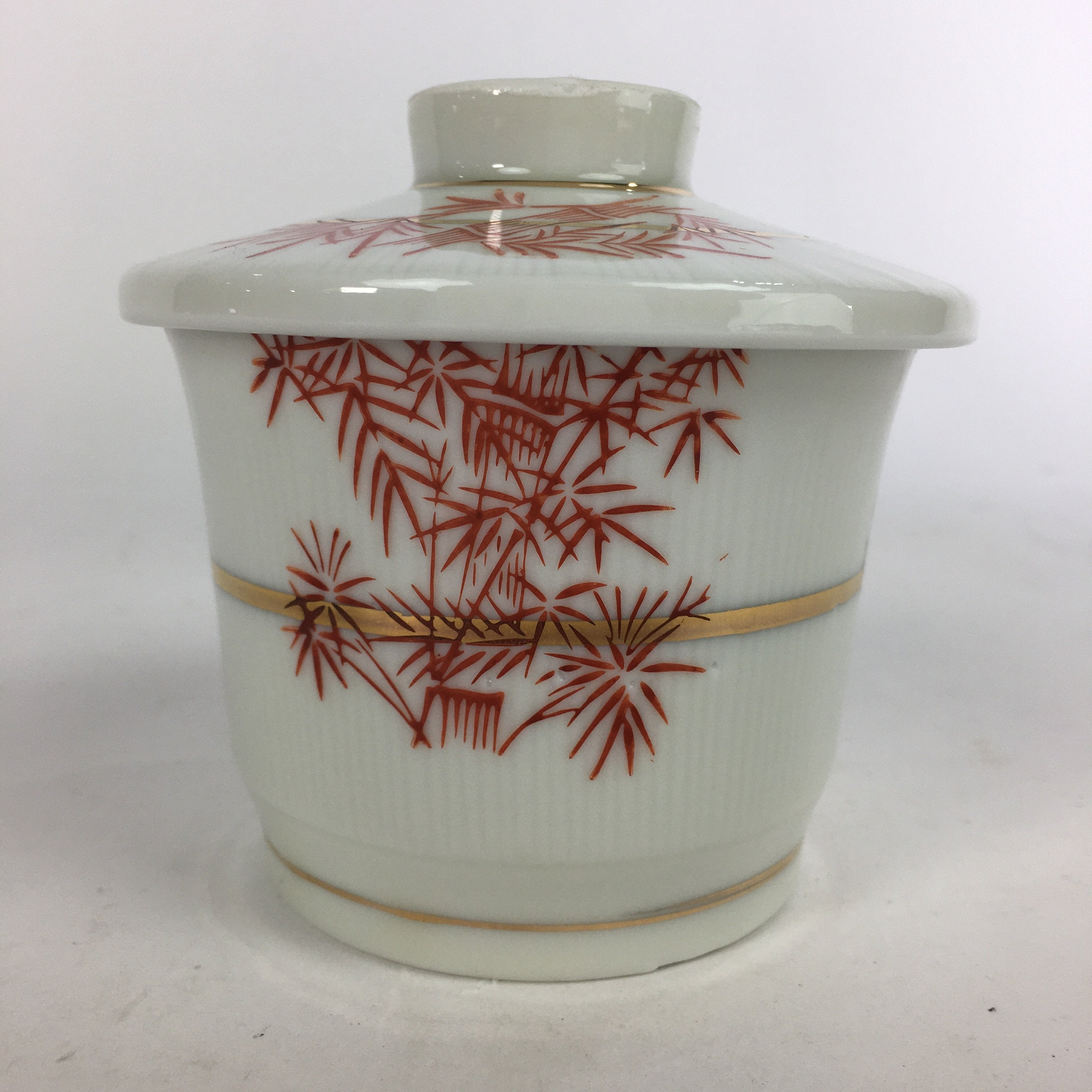 Japanese Porcelain Lidded Soup Bowl Cup Vtg Chawanmushi Red Bamboo PP533