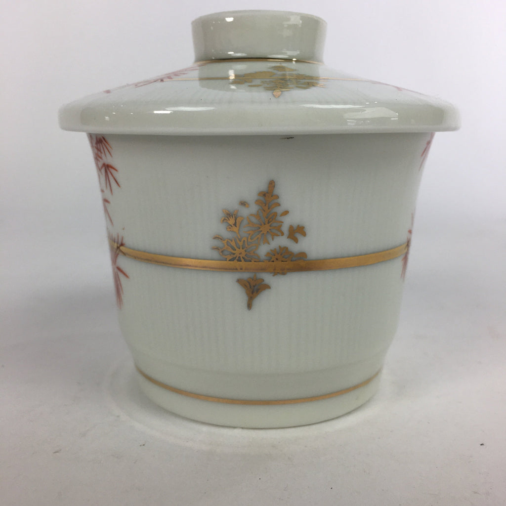 Japanese Porcelain Lidded Soup Bowl Cup Vtg Chawanmushi Red Bamboo PP533