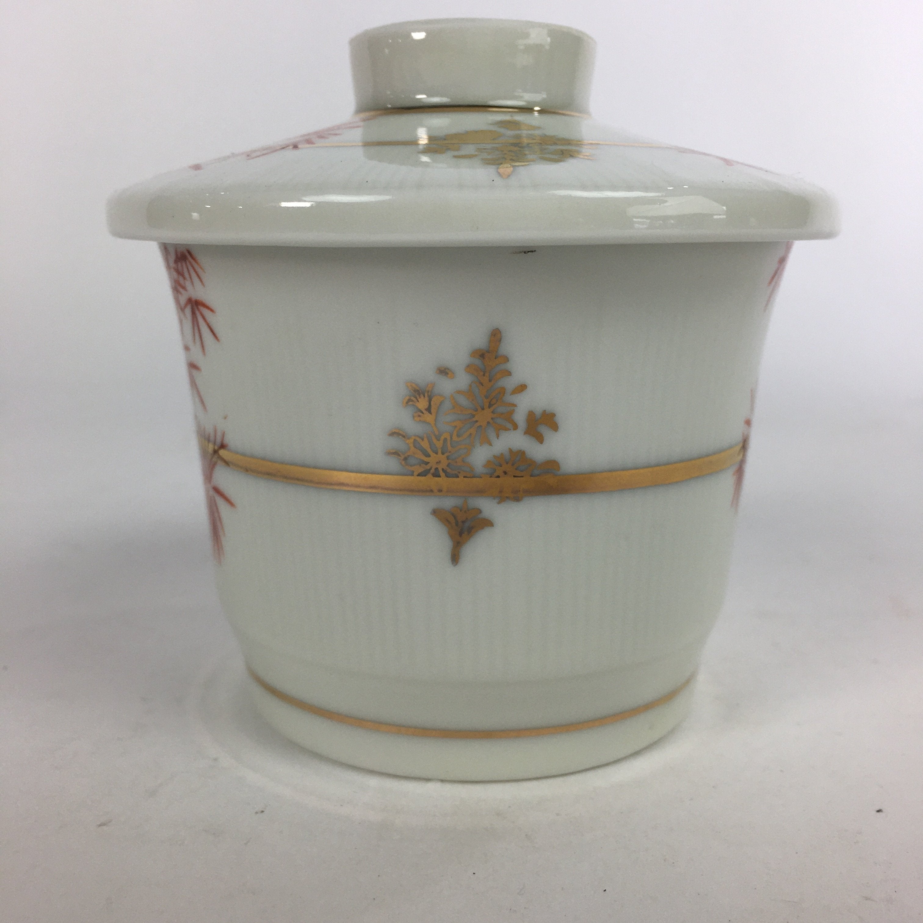 Japanese Porcelain Lidded Soup Bowl Cup Vtg Chawanmushi Red Bamboo PP533
