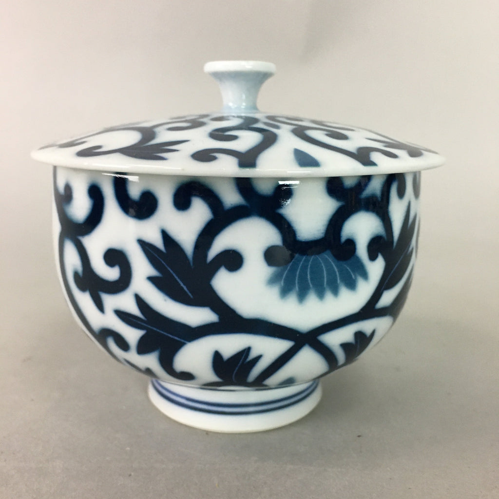 Japanese Porcelain Lidded Teacup Vtg Yunomi Arabesque Blue White Sometsuke QT79