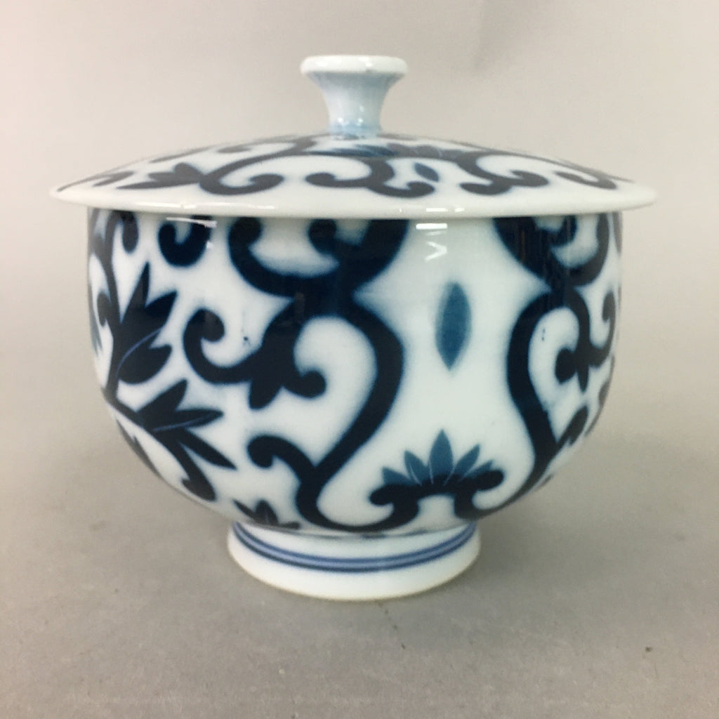 Japanese Porcelain Lidded Teacup Vtg Yunomi Arabesque Blue White Sometsuke QT79