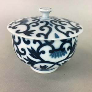 Japanese Porcelain Lidded Teacup Vtg Yunomi Arabesque Blue White Sometsuke QT79