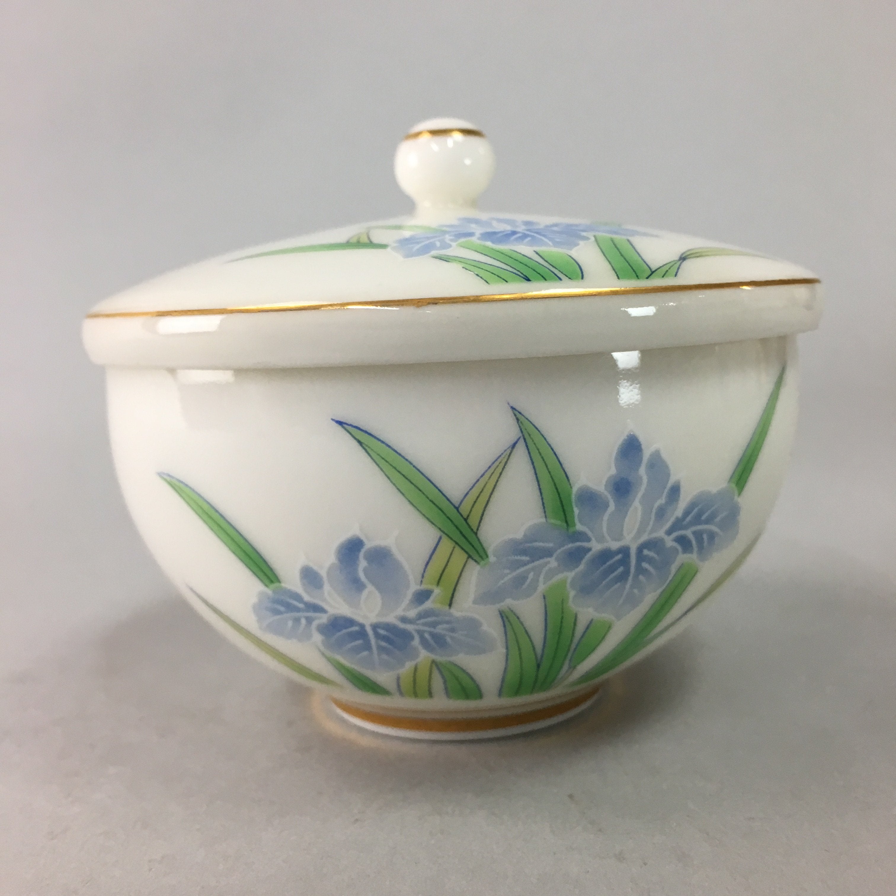 Japanese Porcelain Lidded Teacup Vtg Yunomi Floral Iris Flower Gold QT53