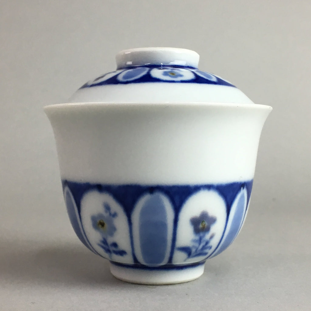 Japanese Porcelain Lidded Teacup Vtg Yunomi Sometsuke Blud White Floral QT51