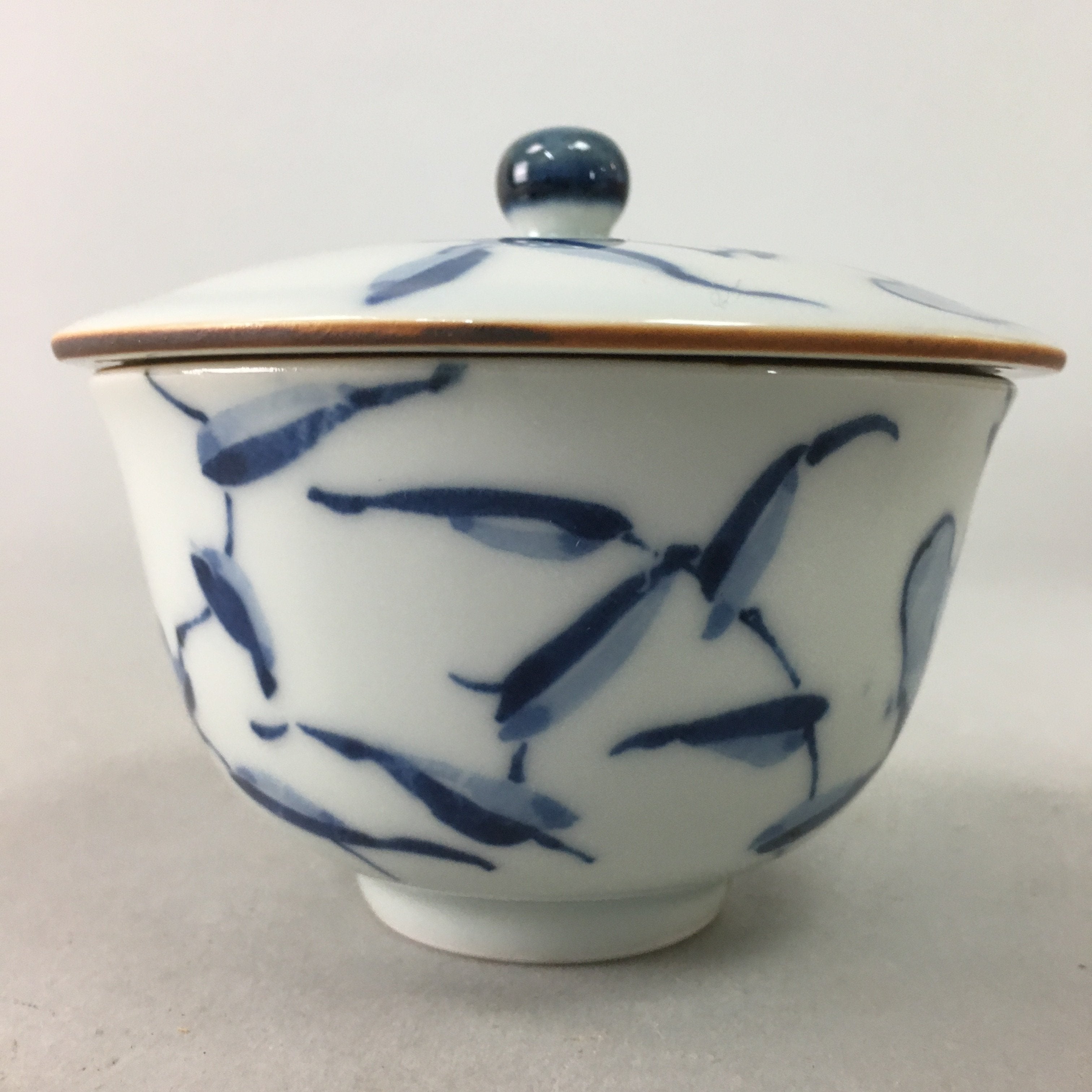 Japanese Porcelain Lidded Teacup Vtg Yunomi Sometsuke Blue White Bird Fowl QT59