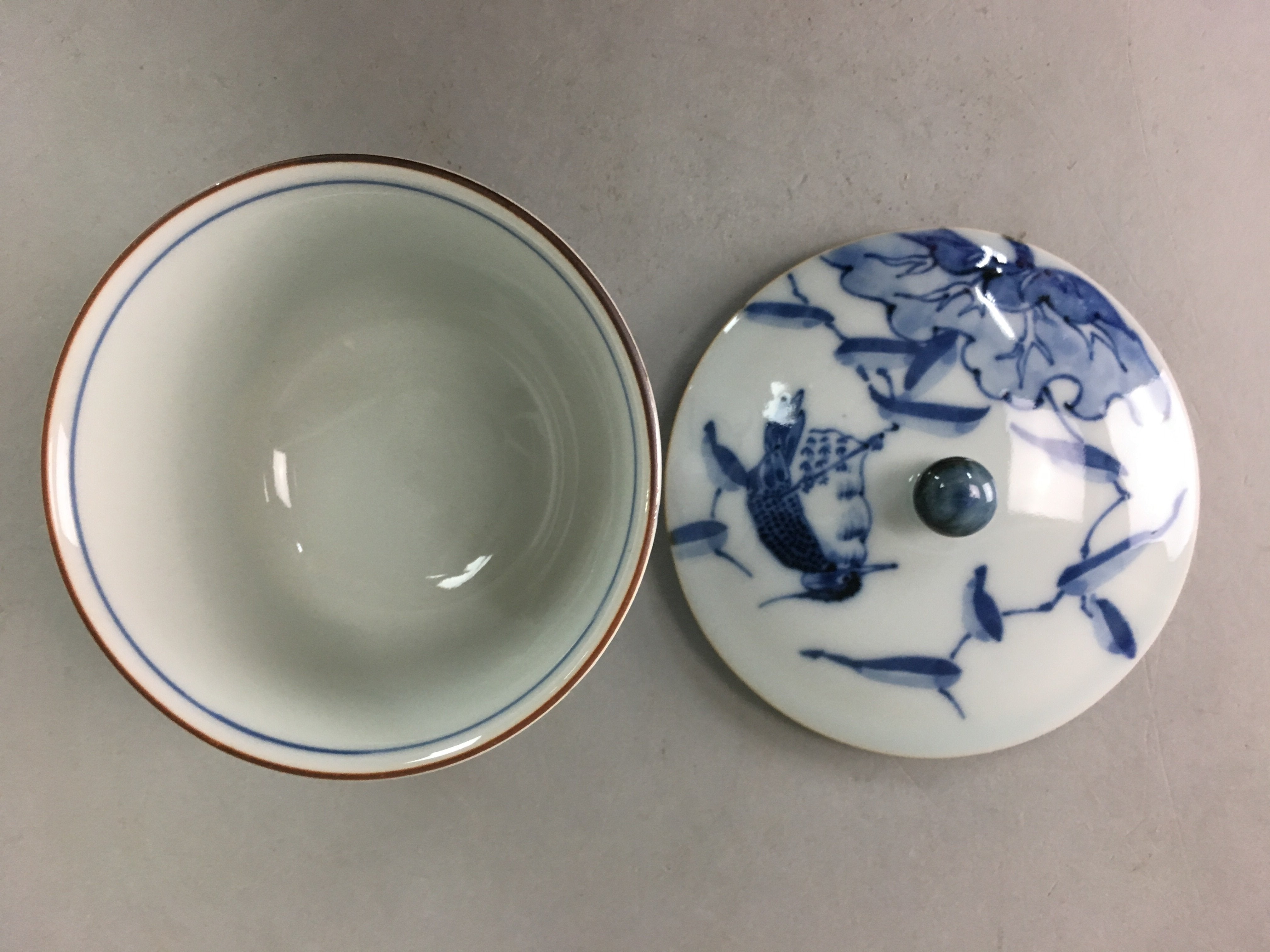 Japanese Porcelain Lidded Teacup Vtg Yunomi Sometsuke Blue White Bird Fowl QT59