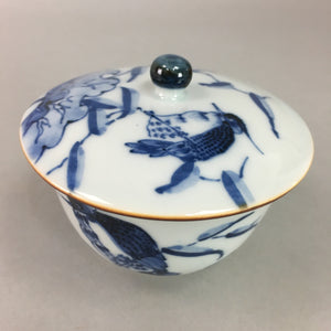 Japanese Porcelain Lidded Teacup Vtg Yunomi Sometsuke Blue White Bird Fowl QT59